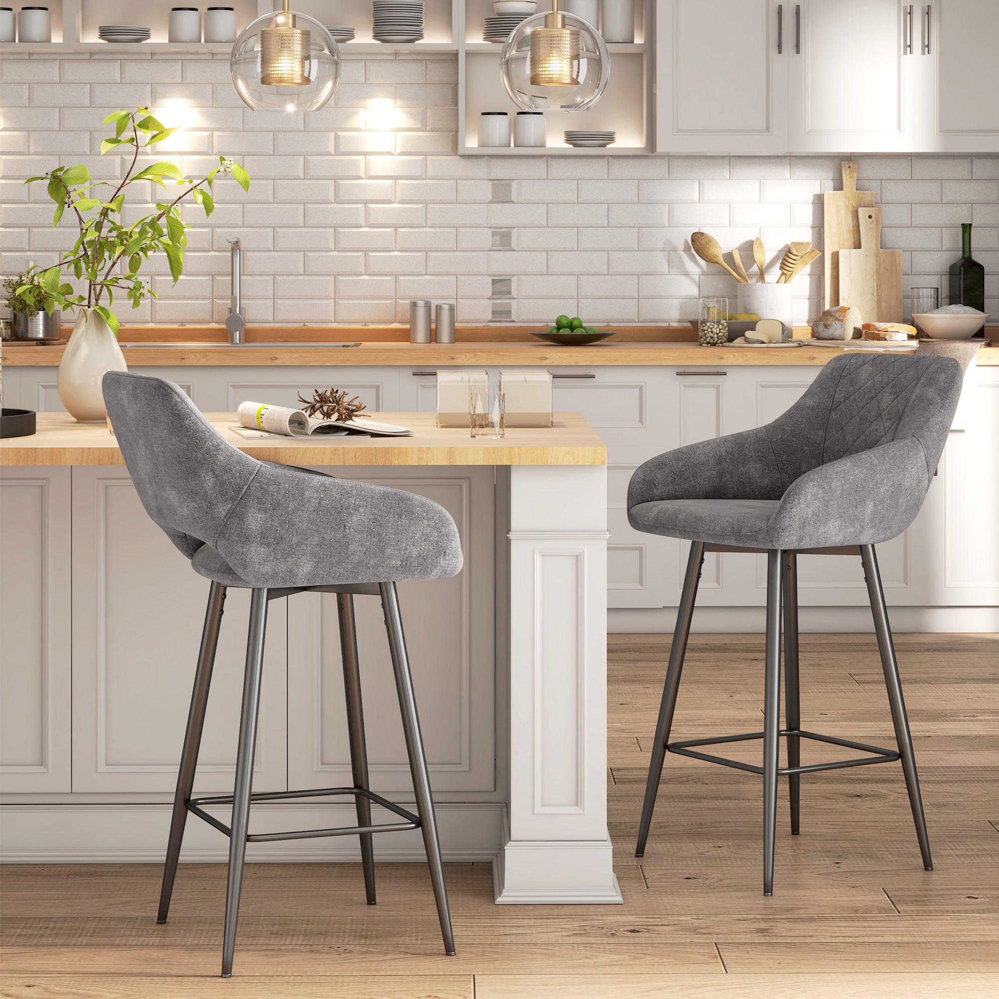 HOMCOM Bar Stools Set of 2, Velvet-Touch Fabric Counter Height Bar Chairs, Kitchen Stools with Steel Legs for Dining Area, Kitchen Island Barstools, Dark Grey