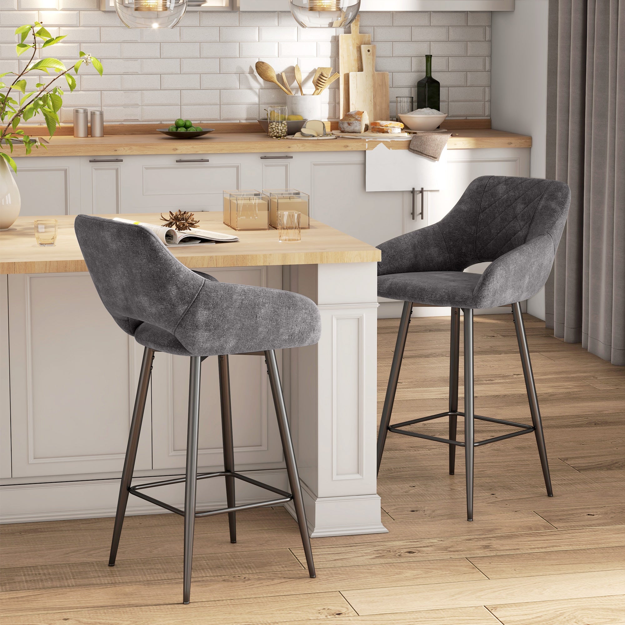 HOMCOM Bar Stools Set of 2, Velvet-Touch Fabric Counter Height Bar Chairs, Kitchen Stools with Steel Legs for Dining Area, Kitchen Island Barstools, Dark Grey
