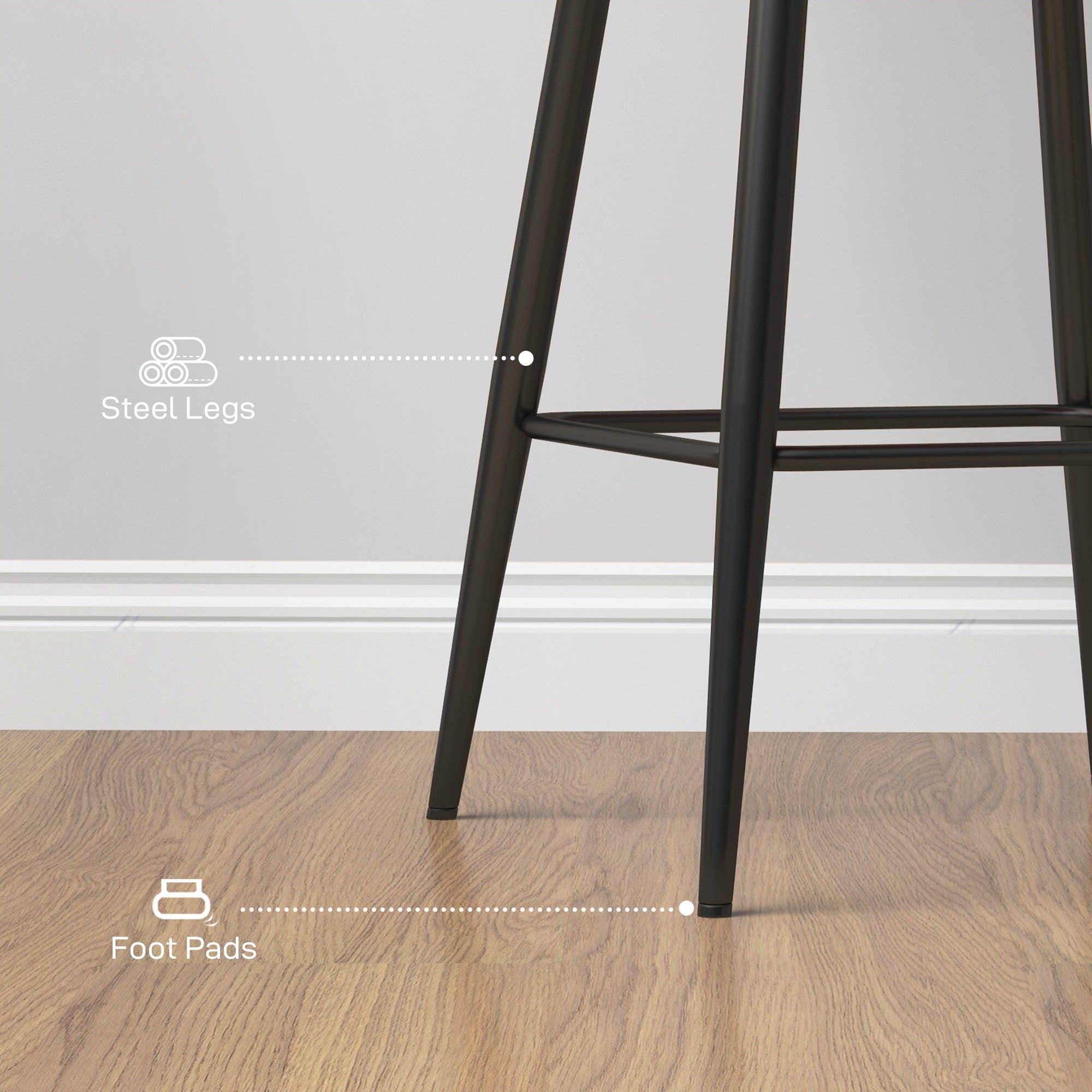 HOMCOM Bar Stools Set of 2, Velvet-Touch Fabric Counter Height Bar Chairs, Kitchen Stools with Steel Legs for Dining Area, Kitchen Island Barstools, Dark Grey