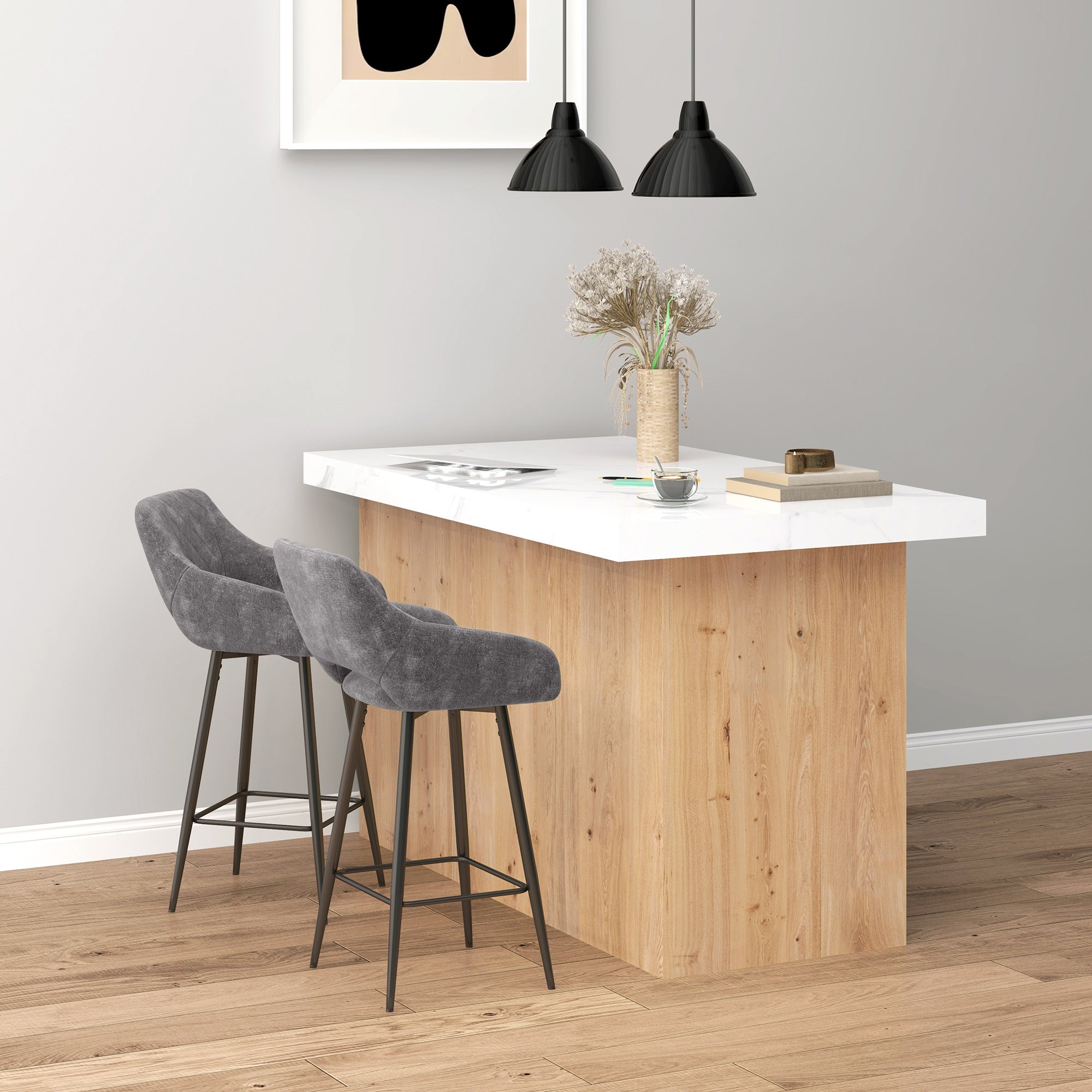 HOMCOM Bar Stools Set of 2, Velvet-Touch Fabric Counter Height Bar Chairs, Kitchen Stools with Steel Legs for Dining Area, Kitchen Island Barstools, Dark Grey