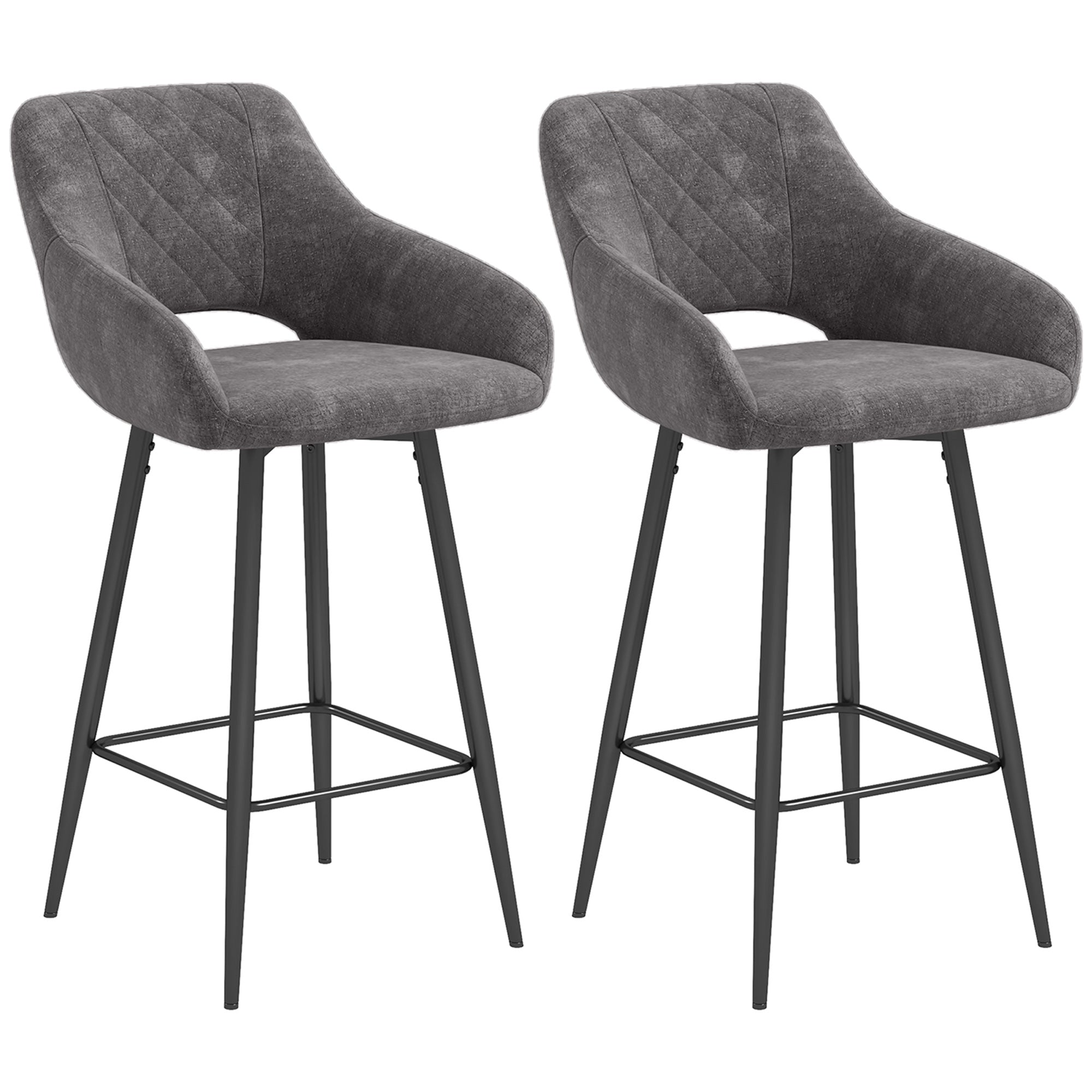 HOMCOM Bar Stools Set of 2, Velvet-Touch Fabric Counter Height Bar Chairs, Kitchen Stools with Steel Legs for Dining Area, Kitchen Island Barstools, Dark Grey