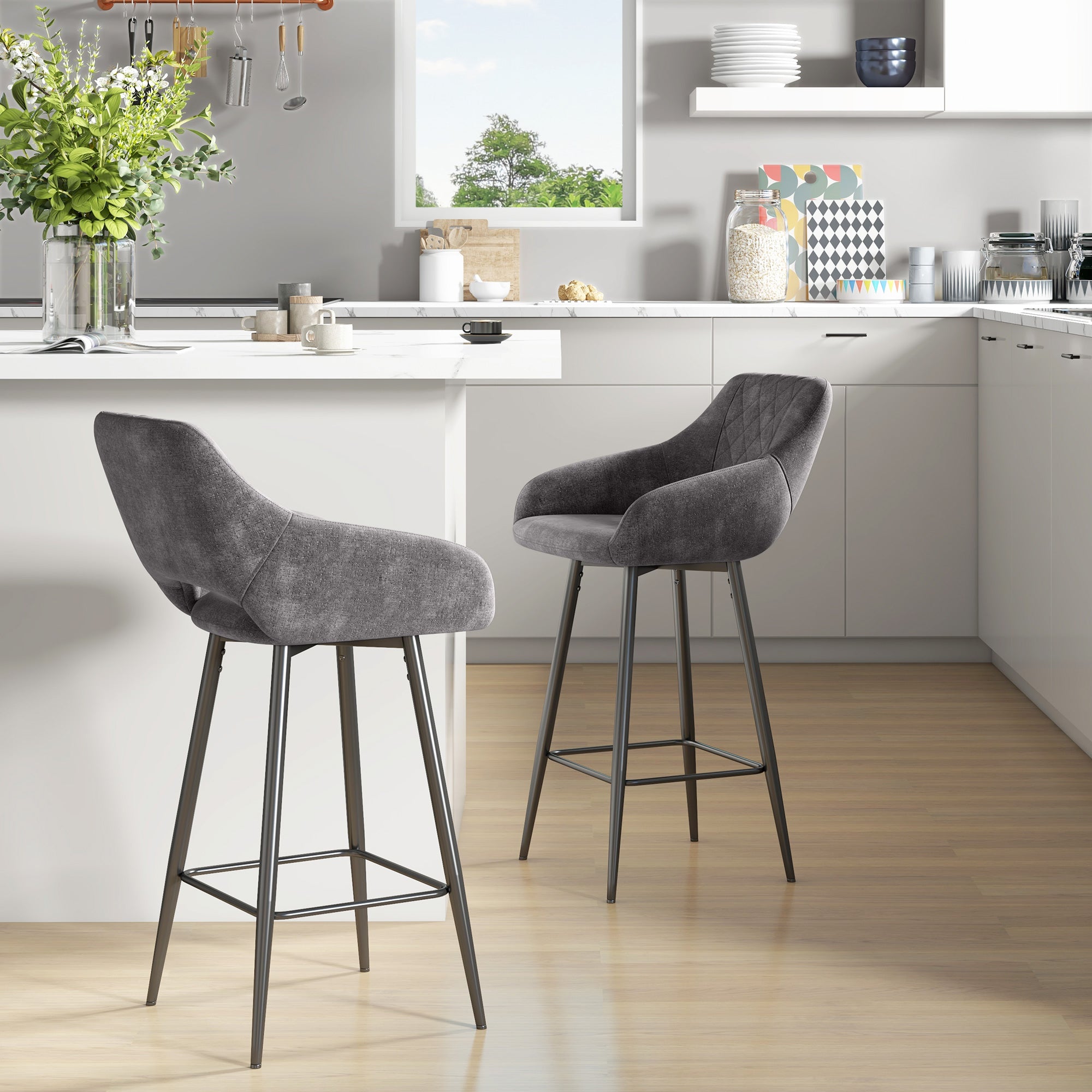 HOMCOM Bar Stools Set of 2, Velvet-Touch Fabric Counter Height Bar Chairs, Kitchen Stools with Steel Legs for Dining Area, Kitchen Island Barstools, Dark Grey