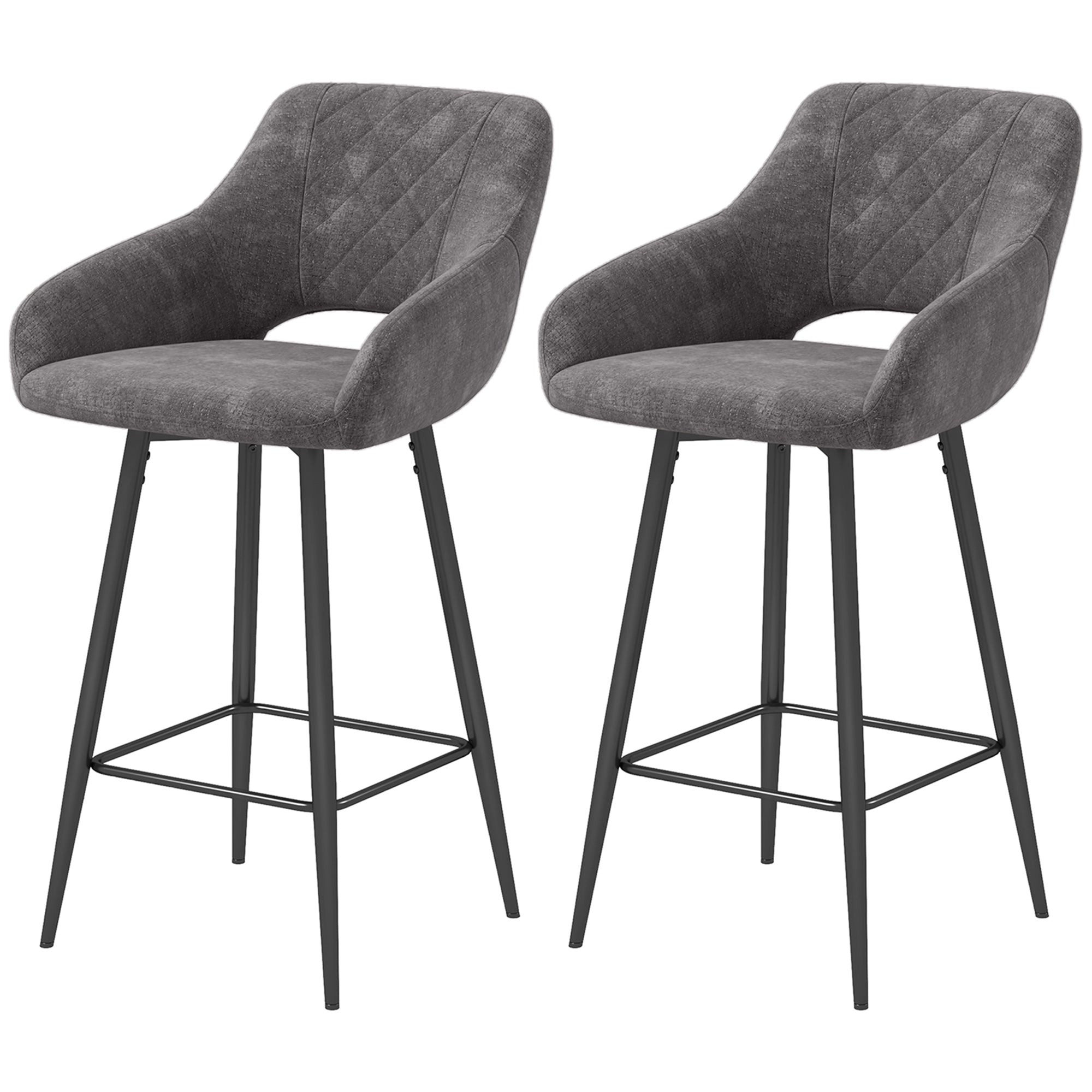 HOMCOM Bar Stools Set of 2, Velvet-Touch Fabric Counter Height Bar Chairs, Kitchen Stools with Steel Legs for Dining Area, Kitchen Island Barstools, Dark Grey