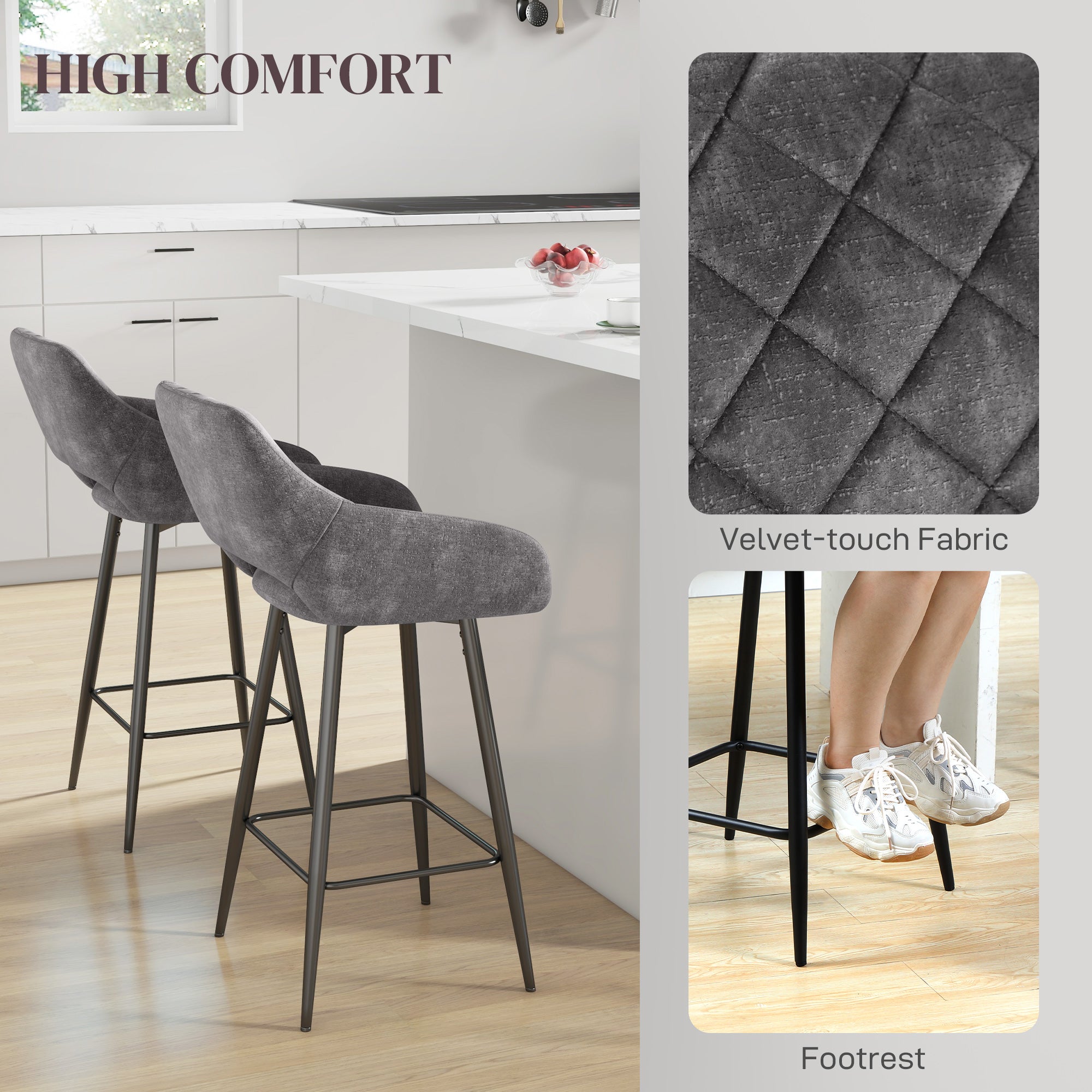 HOMCOM Bar Stools Set of 2, Velvet-Touch Fabric Counter Height Bar Chairs, Kitchen Stools with Steel Legs for Dining Area, Kitchen Island Barstools, Dark Grey