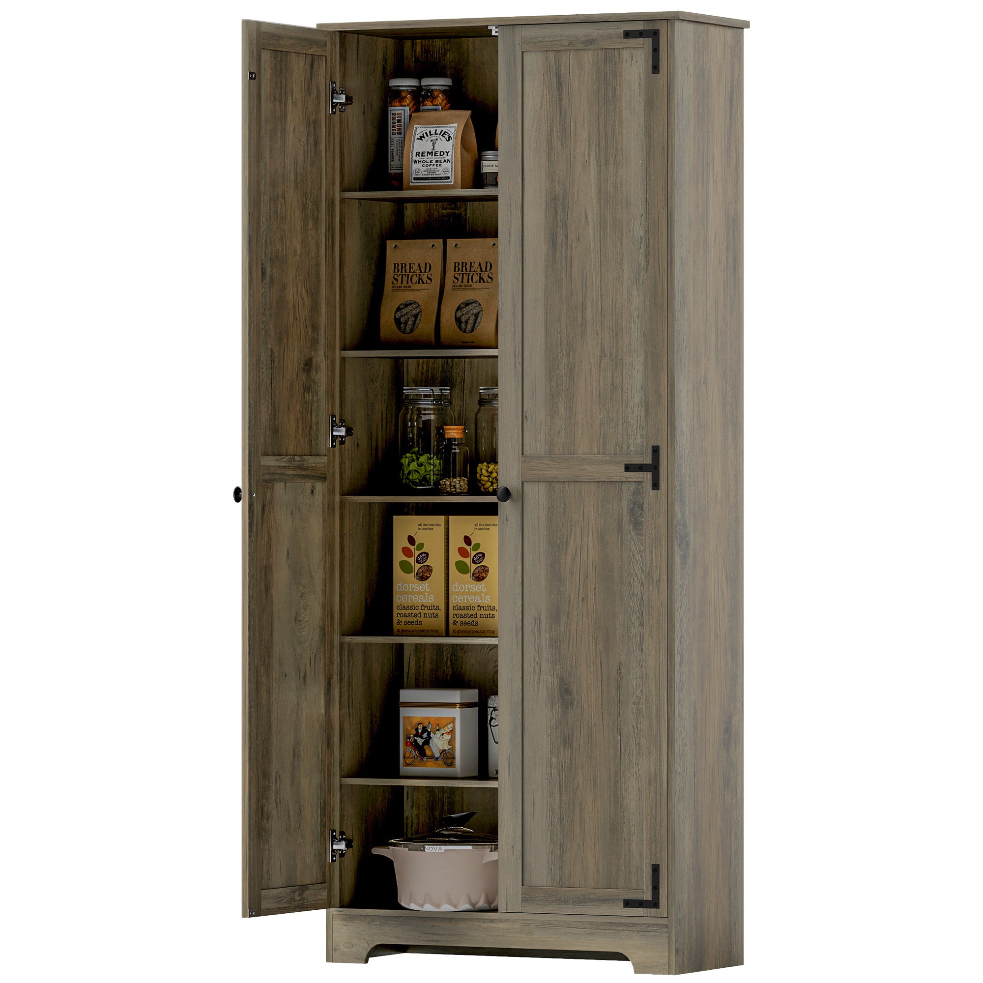 HOMCOM 72" Tall Farmhouse Storage Cabinet, Freestanding Kitchen Pantry Cabinet with Adjustable Shelves and Recessed Doors, Distressed Gray