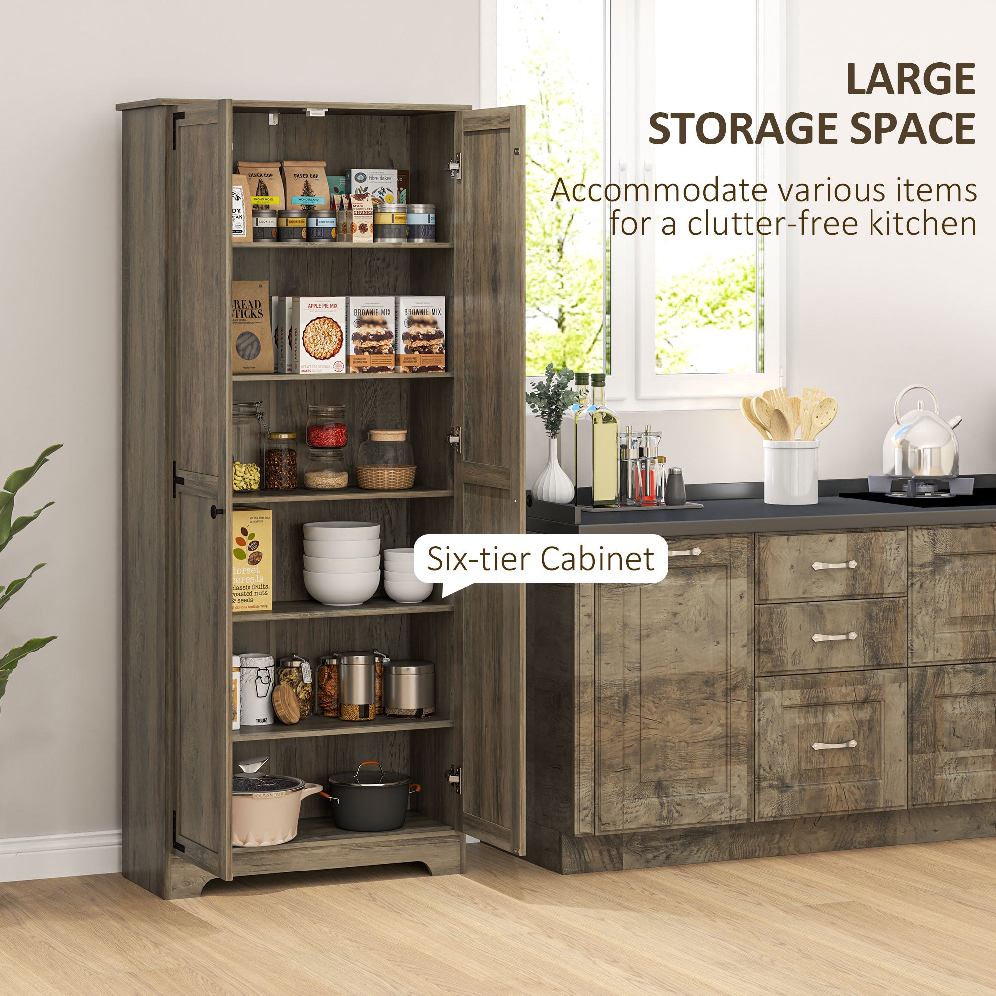 HOMCOM 72" Tall Farmhouse Storage Cabinet, Freestanding Kitchen Pantry Cabinet with Adjustable Shelves and Recessed Doors, Distressed Gray