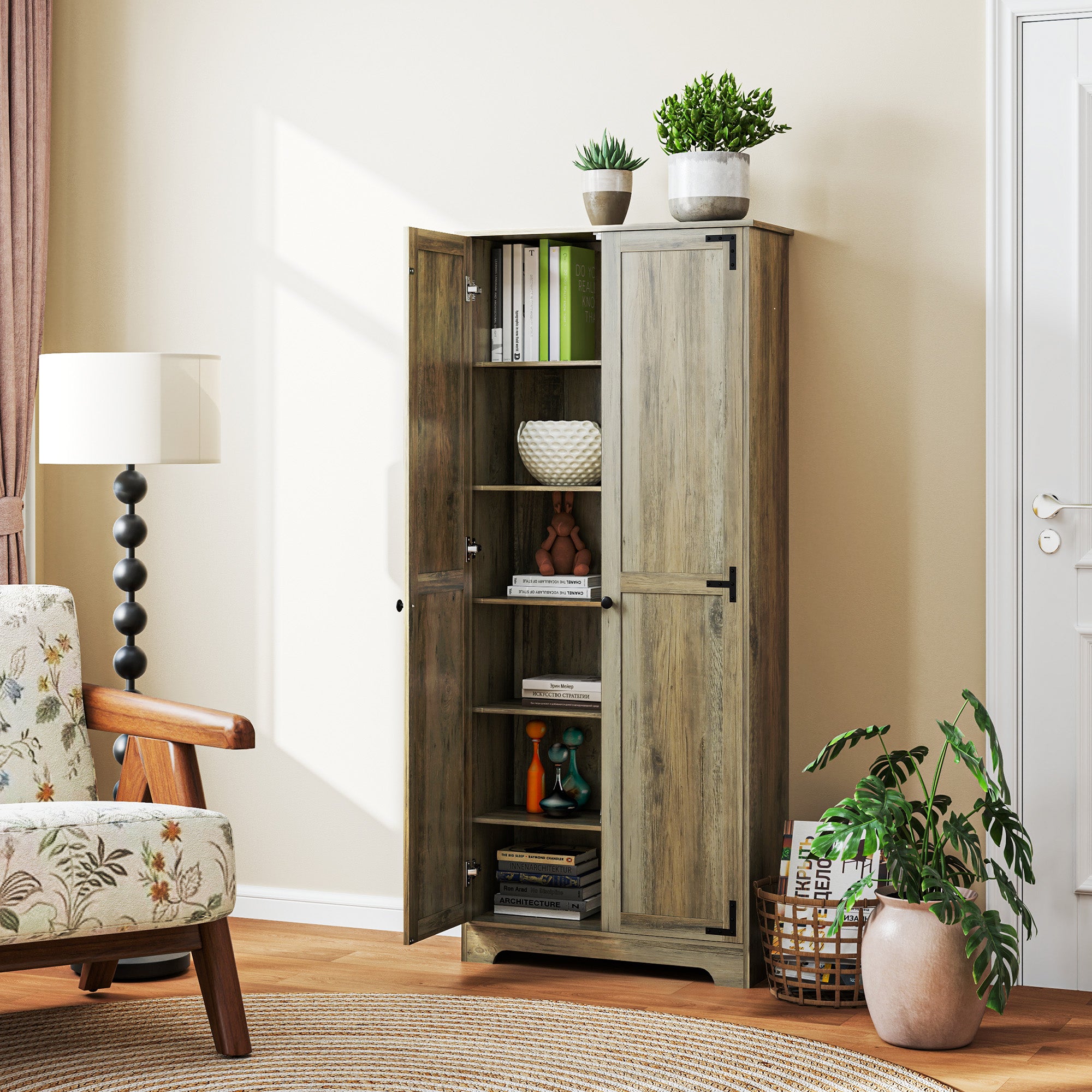 HOMCOM 72" Tall Farmhouse Storage Cabinet, Freestanding Kitchen Pantry Cabinet with Adjustable Shelves and Recessed Doors, Distressed Gray