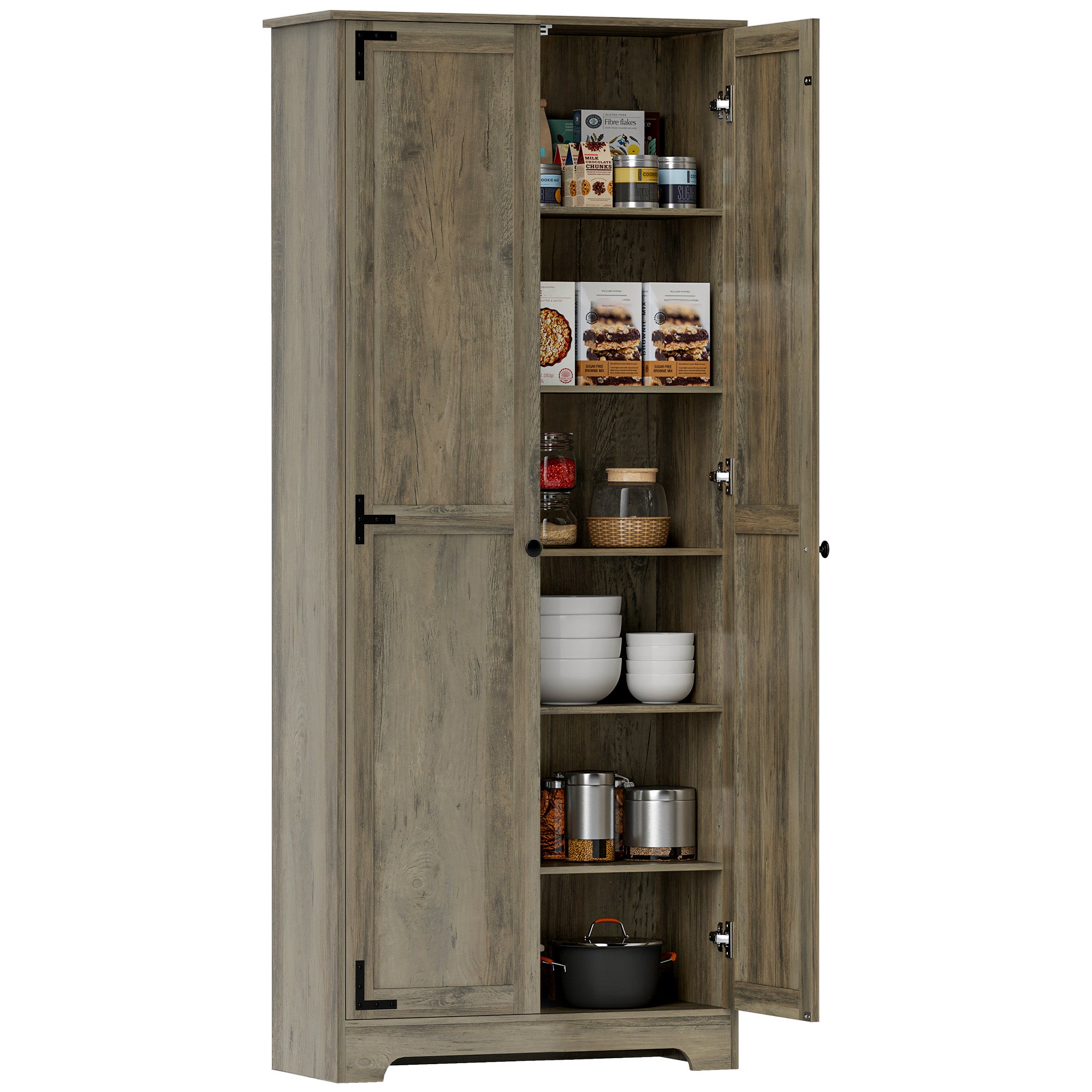 HOMCOM 72" Tall Farmhouse Storage Cabinet, Freestanding Kitchen Pantry Cabinet with Adjustable Shelves and Recessed Doors, Distressed Gray