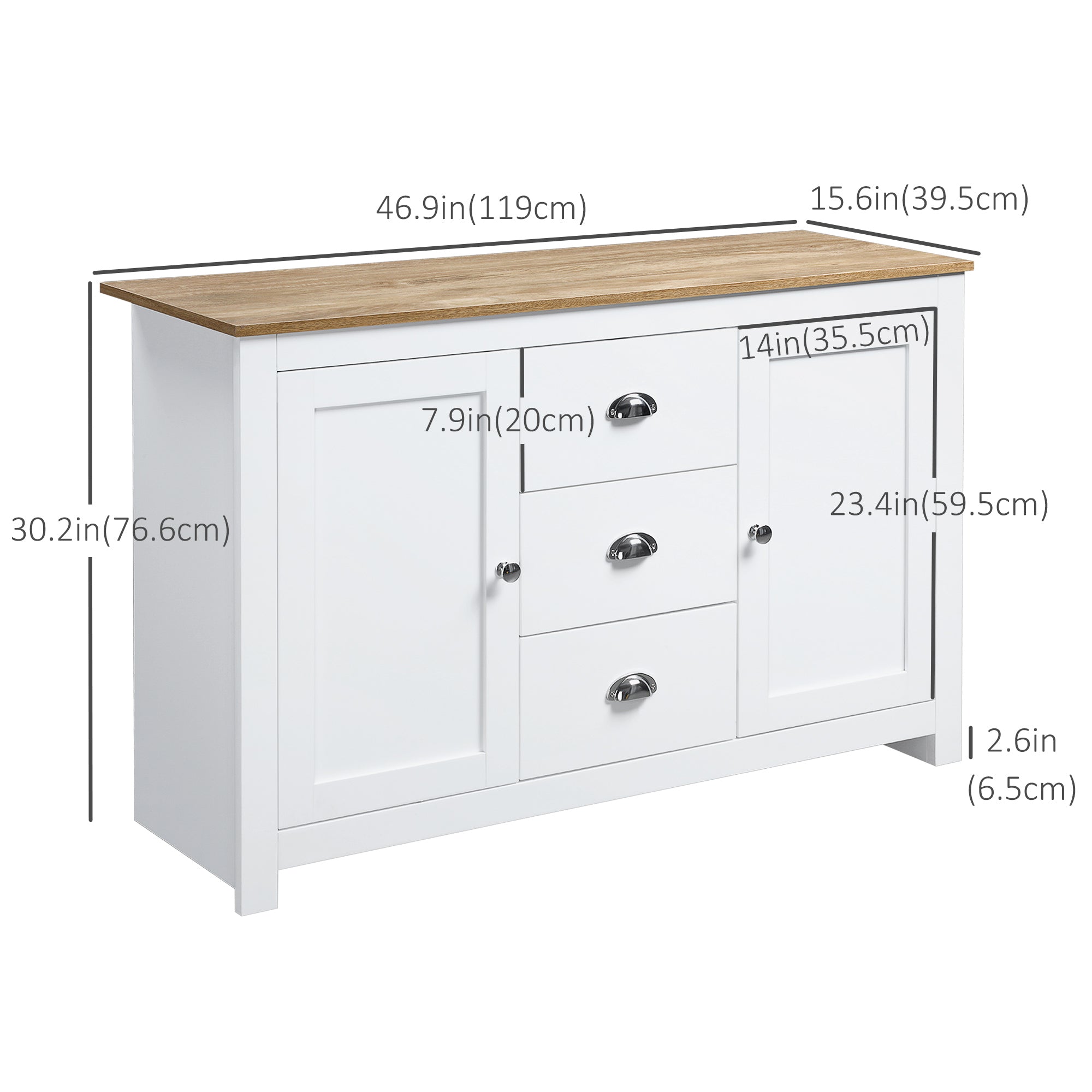 HOMCOM Kitchen Sideboard, Buffet Cabinet with 3 Drawers and Adjustable Shelves, Coffee Bar Cabinet with Storage, White