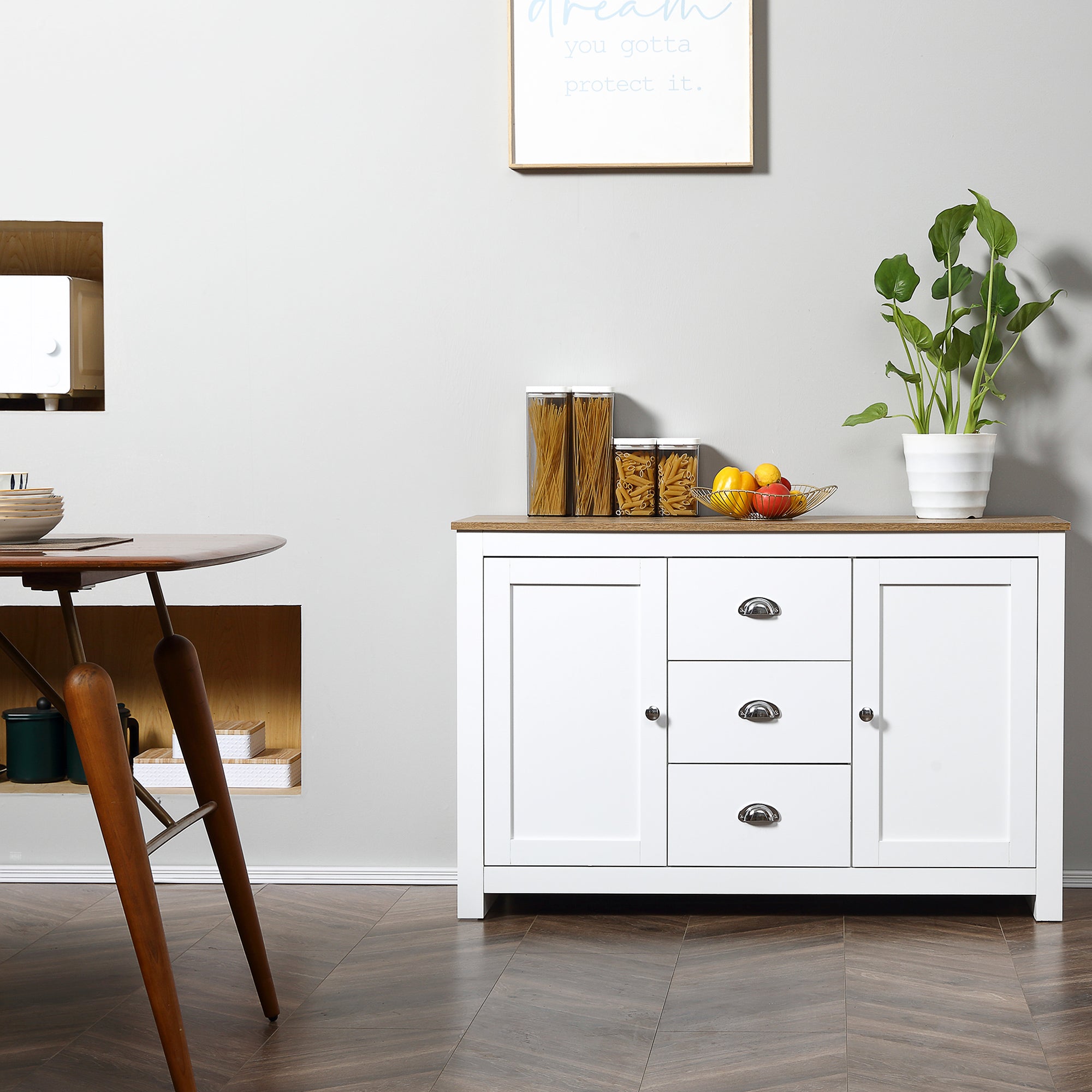 HOMCOM Kitchen Sideboard, Buffet Cabinet with 3 Drawers and Adjustable Shelves, Coffee Bar Cabinet with Storage, White