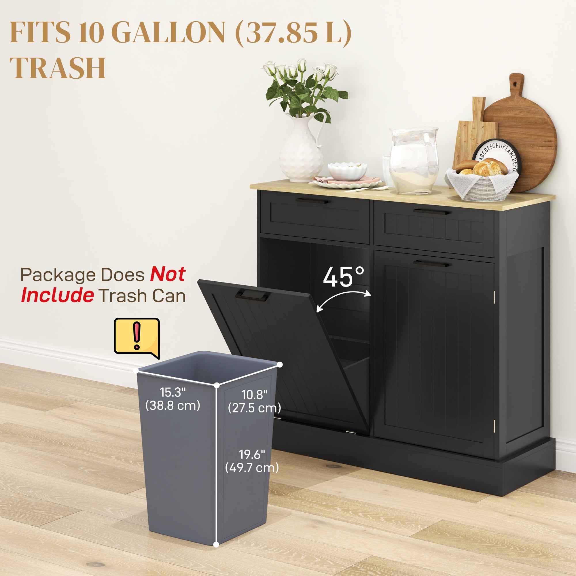 HOMCOM Tilt Out Trash Cabinet, Freestanding Kitchen Island with 2 Drawers, Hidden Garbage Bin Cabinet for Laundry, Hallway, Black