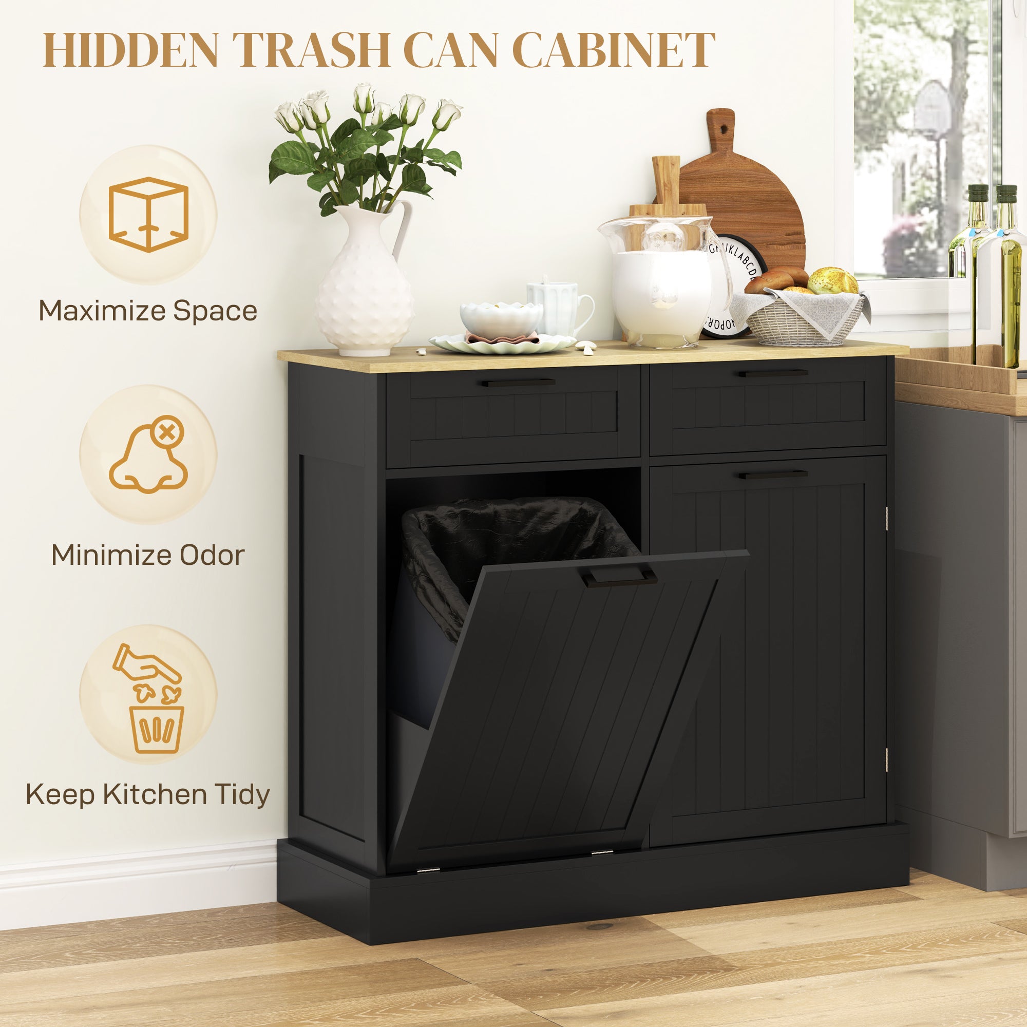 HOMCOM Tilt Out Trash Cabinet, Freestanding Kitchen Island with 2 Drawers, Hidden Garbage Bin Cabinet for Laundry, Hallway, Black