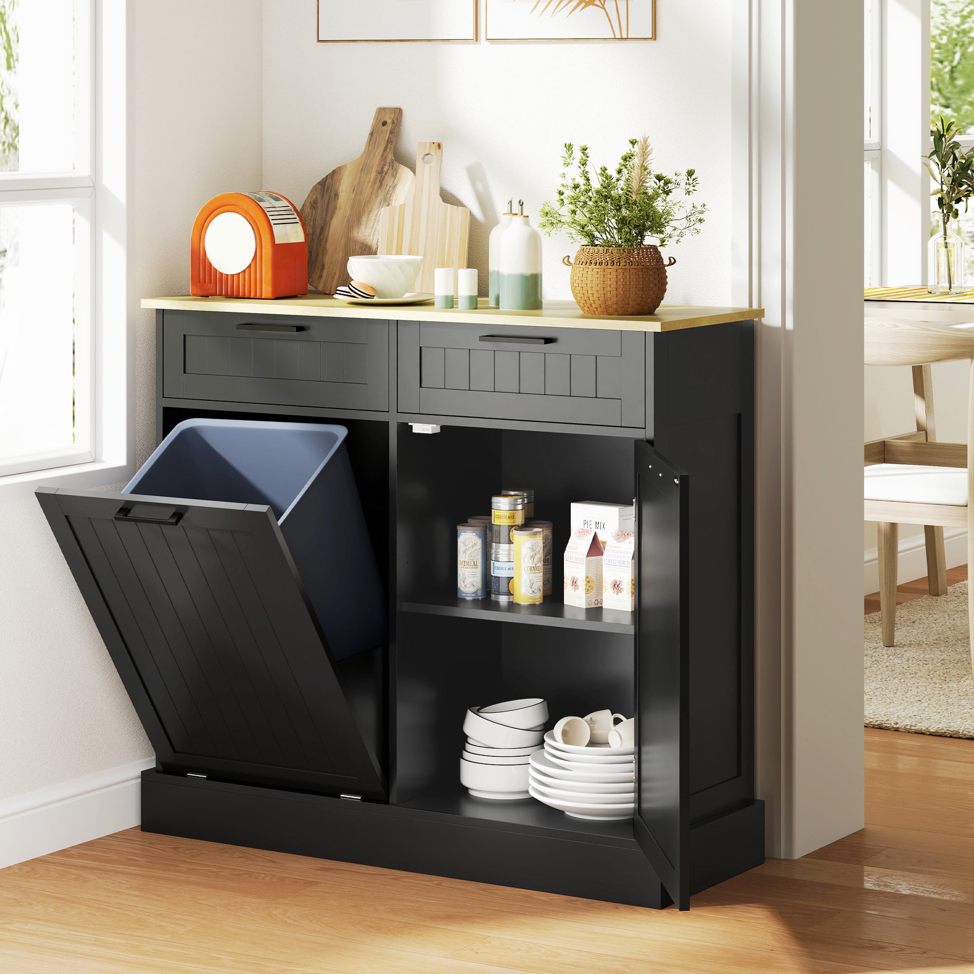 HOMCOM Tilt Out Trash Cabinet, Freestanding Kitchen Island with 2 Drawers, Hidden Garbage Bin Cabinet for Laundry, Hallway, Black