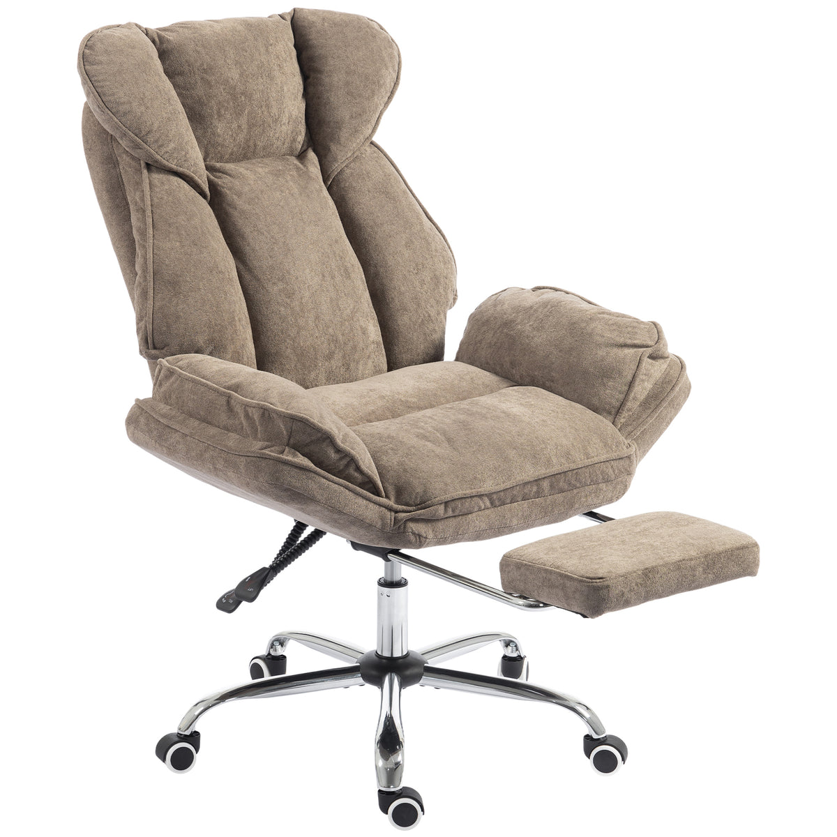 Criss Cross Office Chair with Footrest, Swivel Wheels, Task Desk Chair with Overstuffed Reclining Backrest, Waterfall Arms, Adjustable Height, Cross Legged, Brown