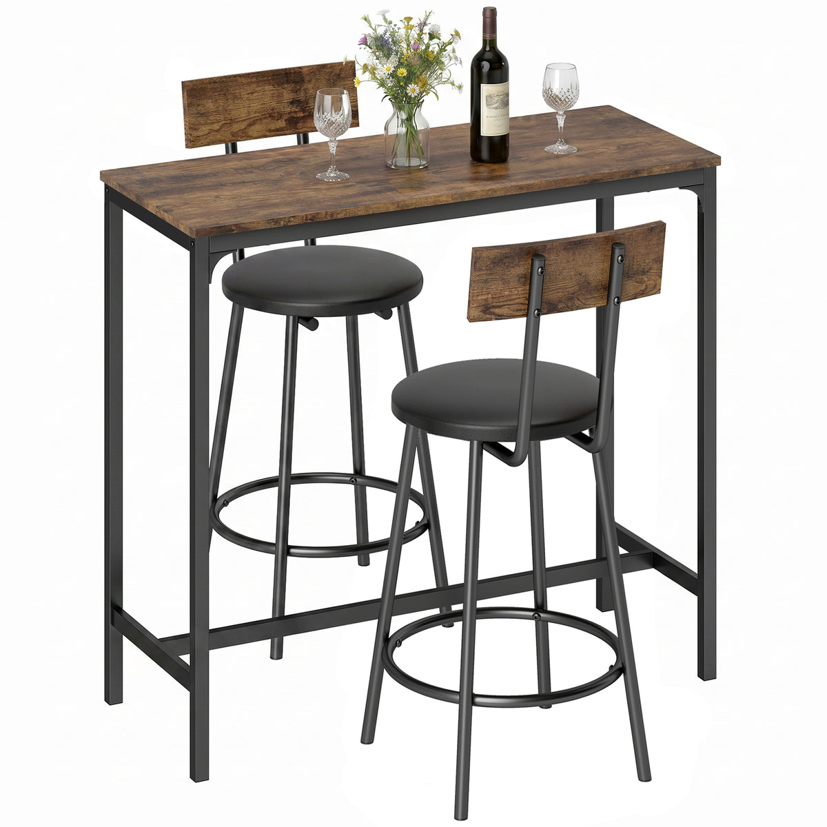 3 Piece Counter Height Bar Table Set, Kitchen Dining Table with 2 Upholstered Stools, Footrests, Space-Saving Pub Table & Chairs for Dining Room, Living Room, Rustic Brown