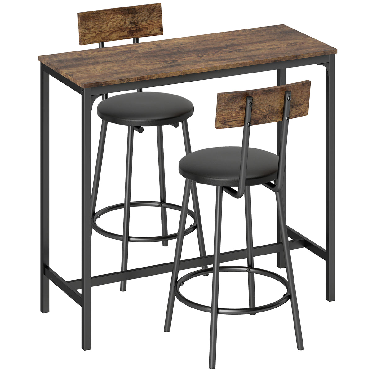3 Piece Counter Height Bar Table Set, Kitchen Dining Table with 2 Upholstered Stools, Footrests, Space-Saving Pub Table & Chairs for Dining Room, Living Room, Rustic Brown