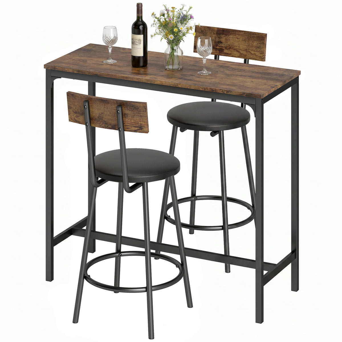 3 Piece Counter Height Bar Table Set, Kitchen Dining Table with 2 Upholstered Stools, Footrests, Space-Saving Pub Table & Chairs for Dining Room, Living Room, Rustic Brown