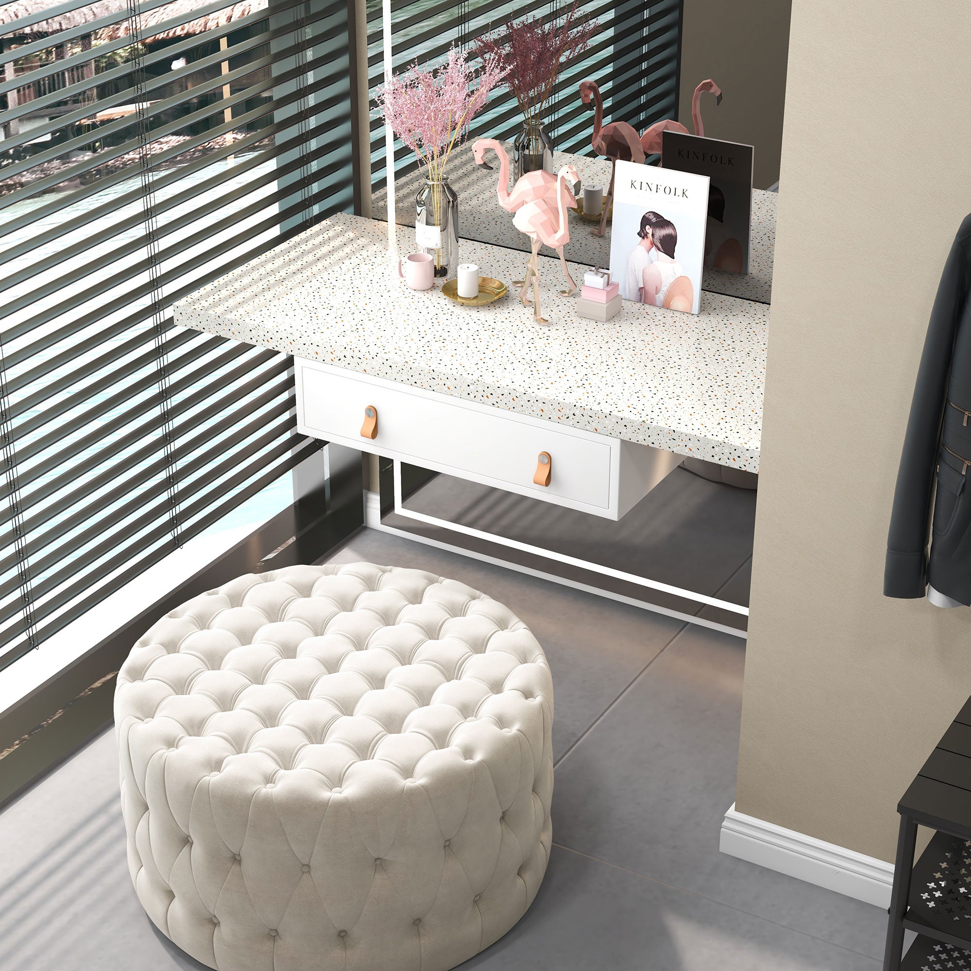 Round Ottoman Coffee Table with Velvet-feel Upholstery & Padded Seat, Beige