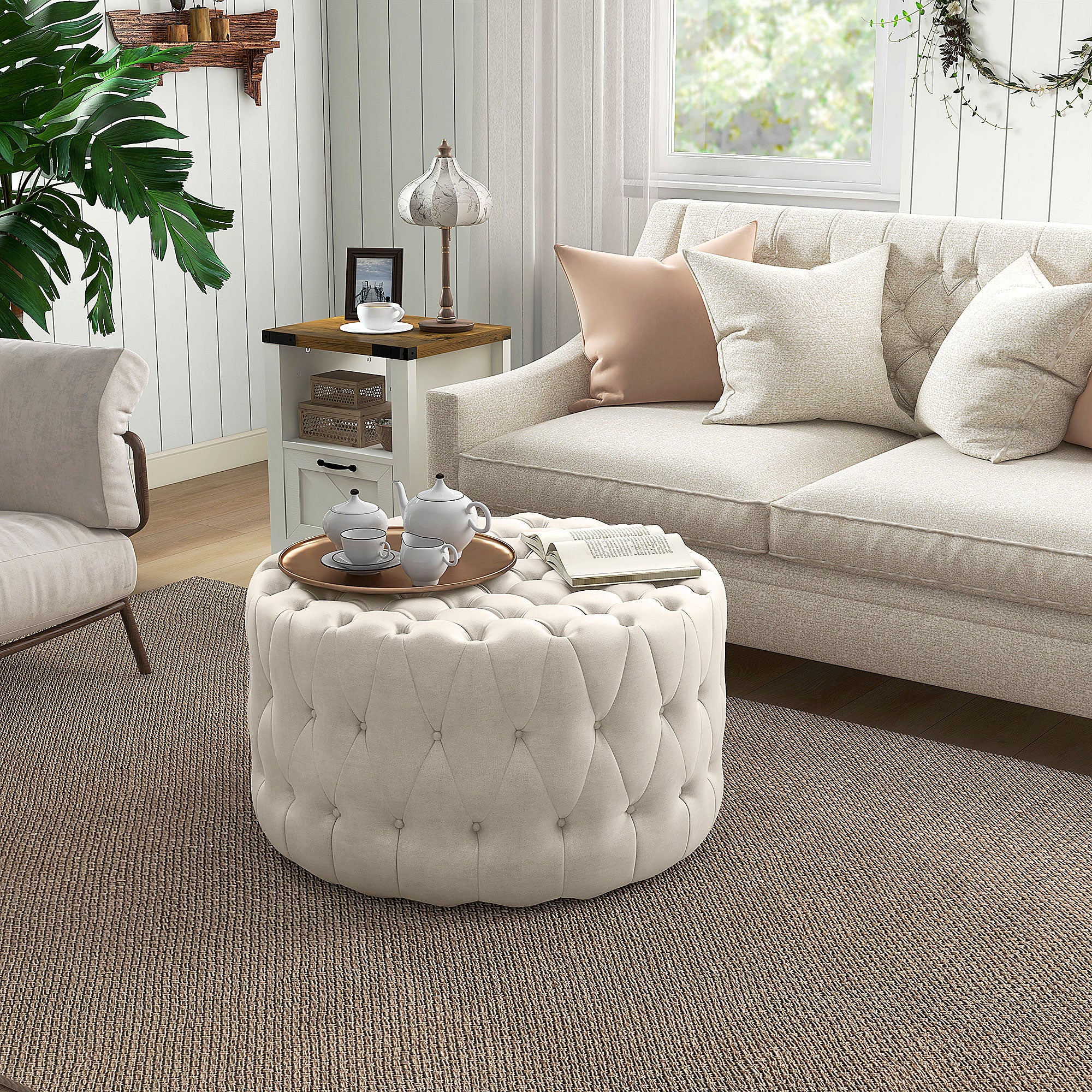 Round Ottoman Coffee Table with Velvet-feel Upholstery & Padded Seat, Beige