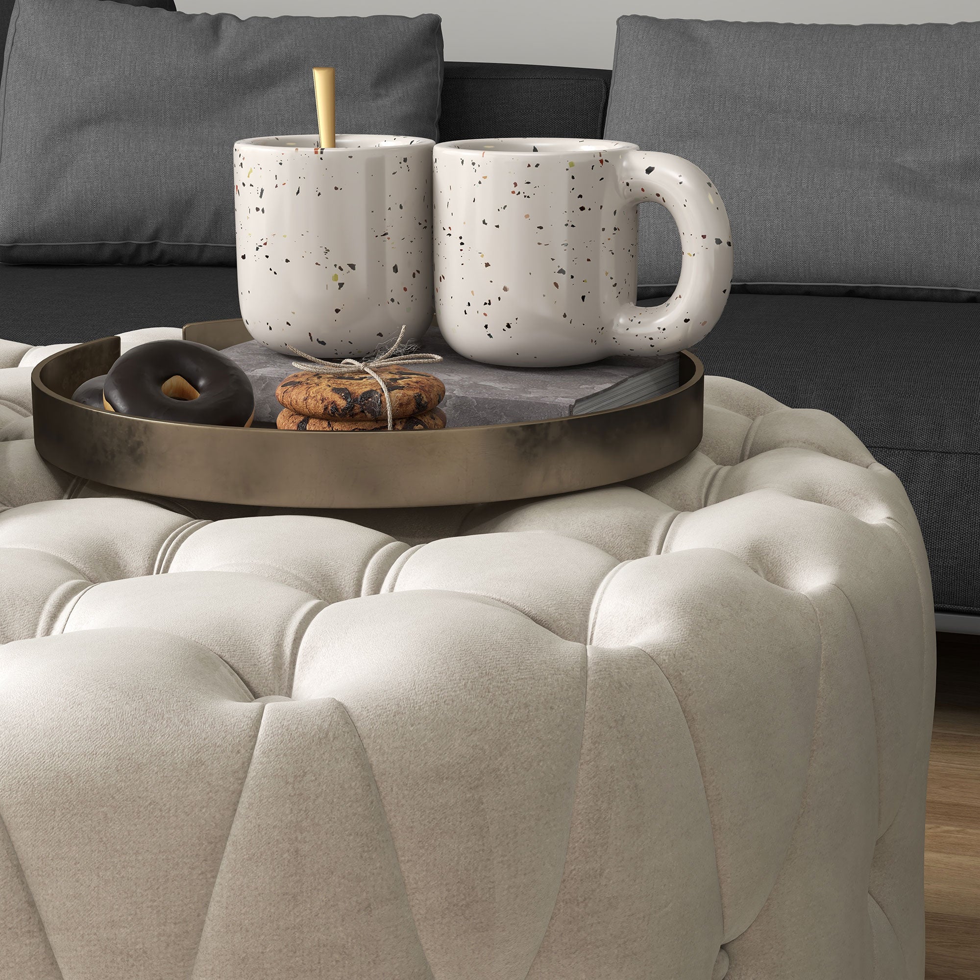 Round Ottoman Coffee Table with Velvet-feel Upholstery & Padded Seat, Beige
