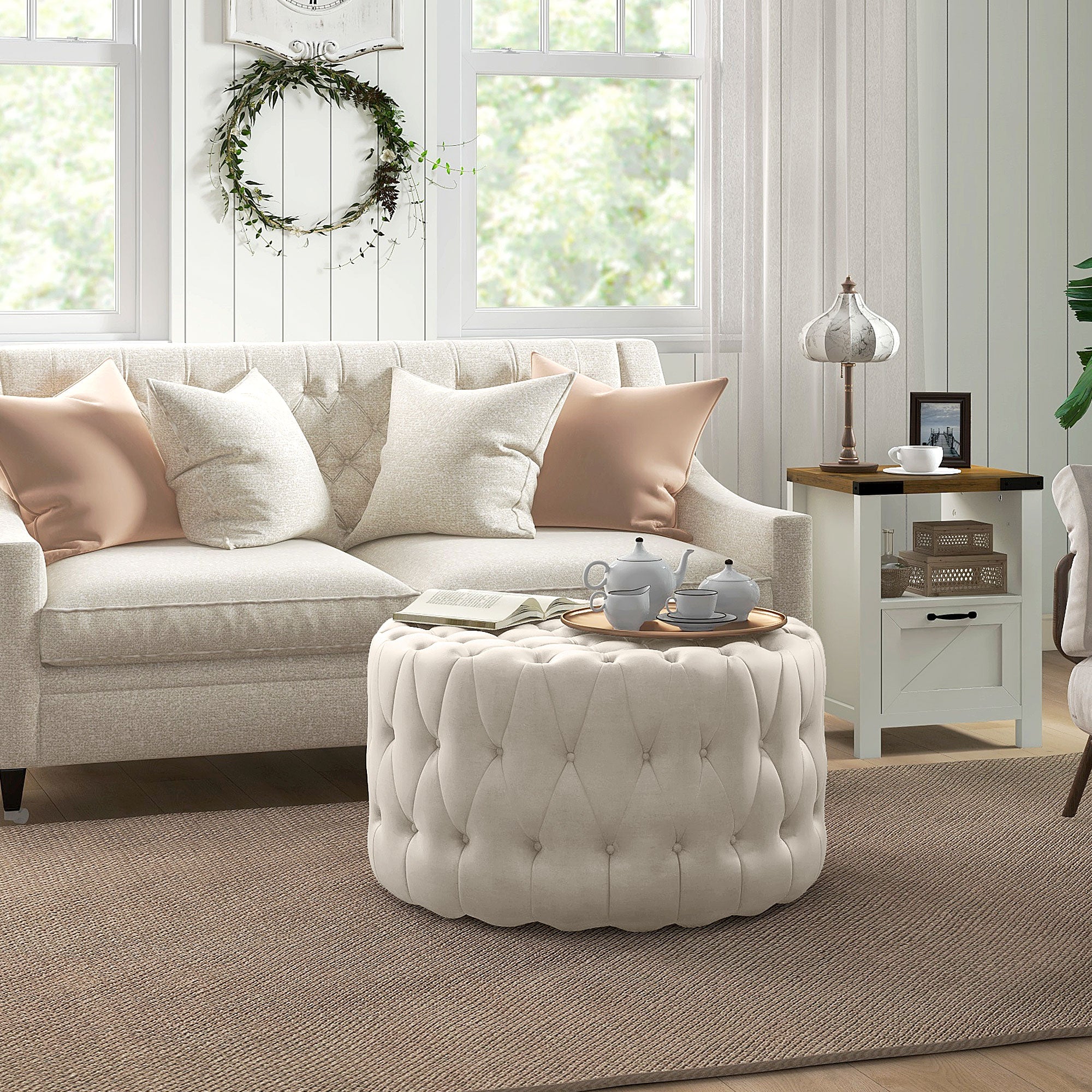 Round Ottoman Coffee Table with Velvet-feel Upholstery & Padded Seat, Beige