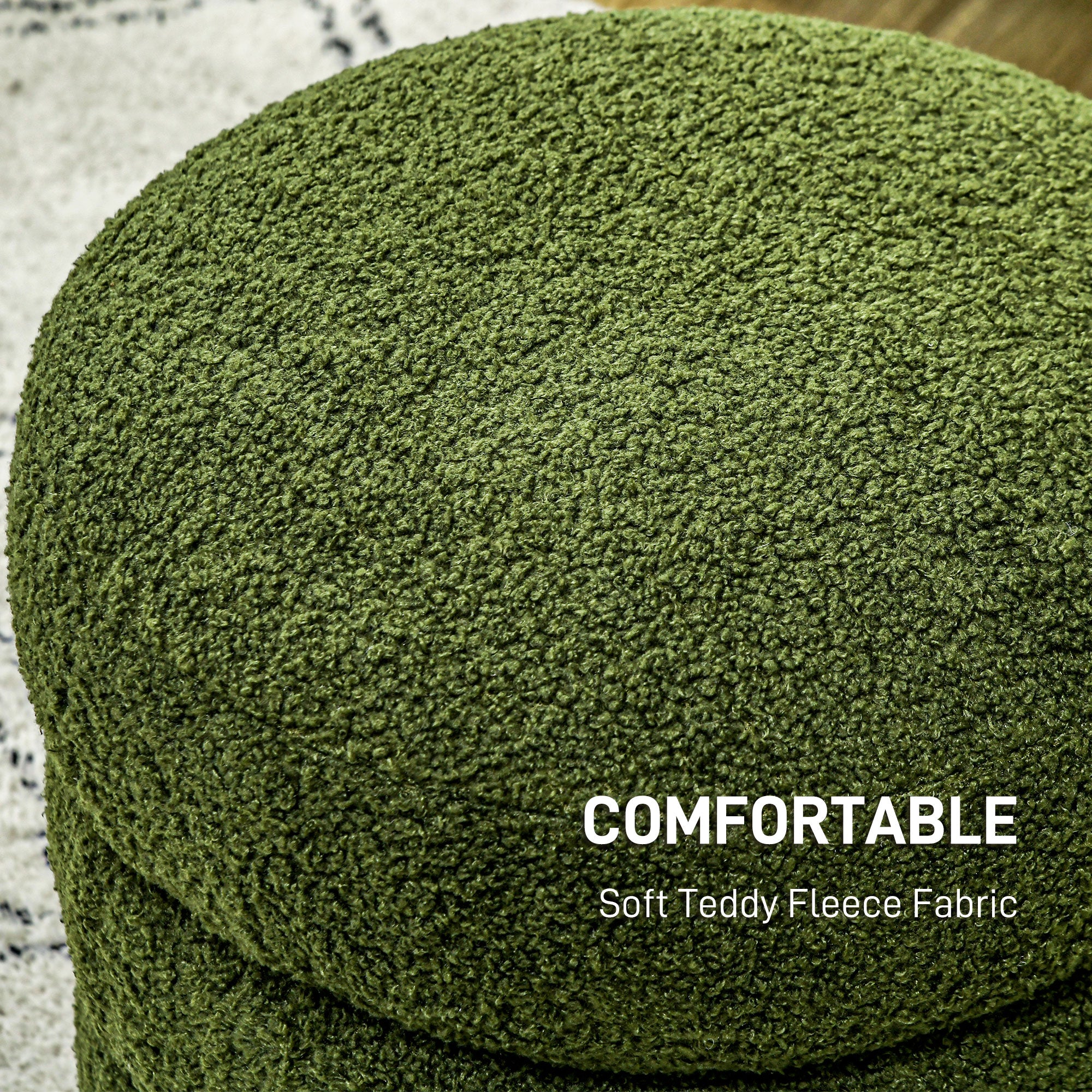 Round Ottoman, Upholstered Foot Stool with Steel Frame & Teddy Fleece Fabric, Green