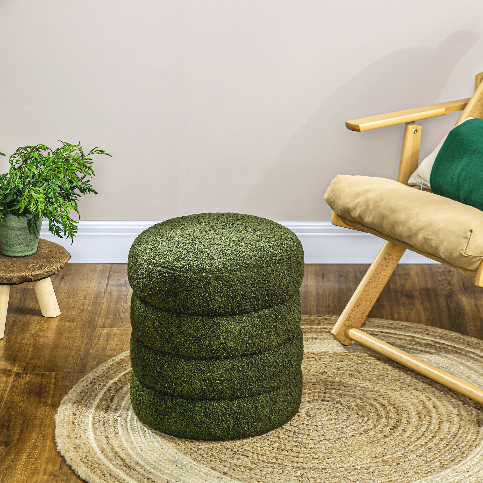 Round Ottoman, Upholstered Foot Stool with Steel Frame & Teddy Fleece Fabric, Green