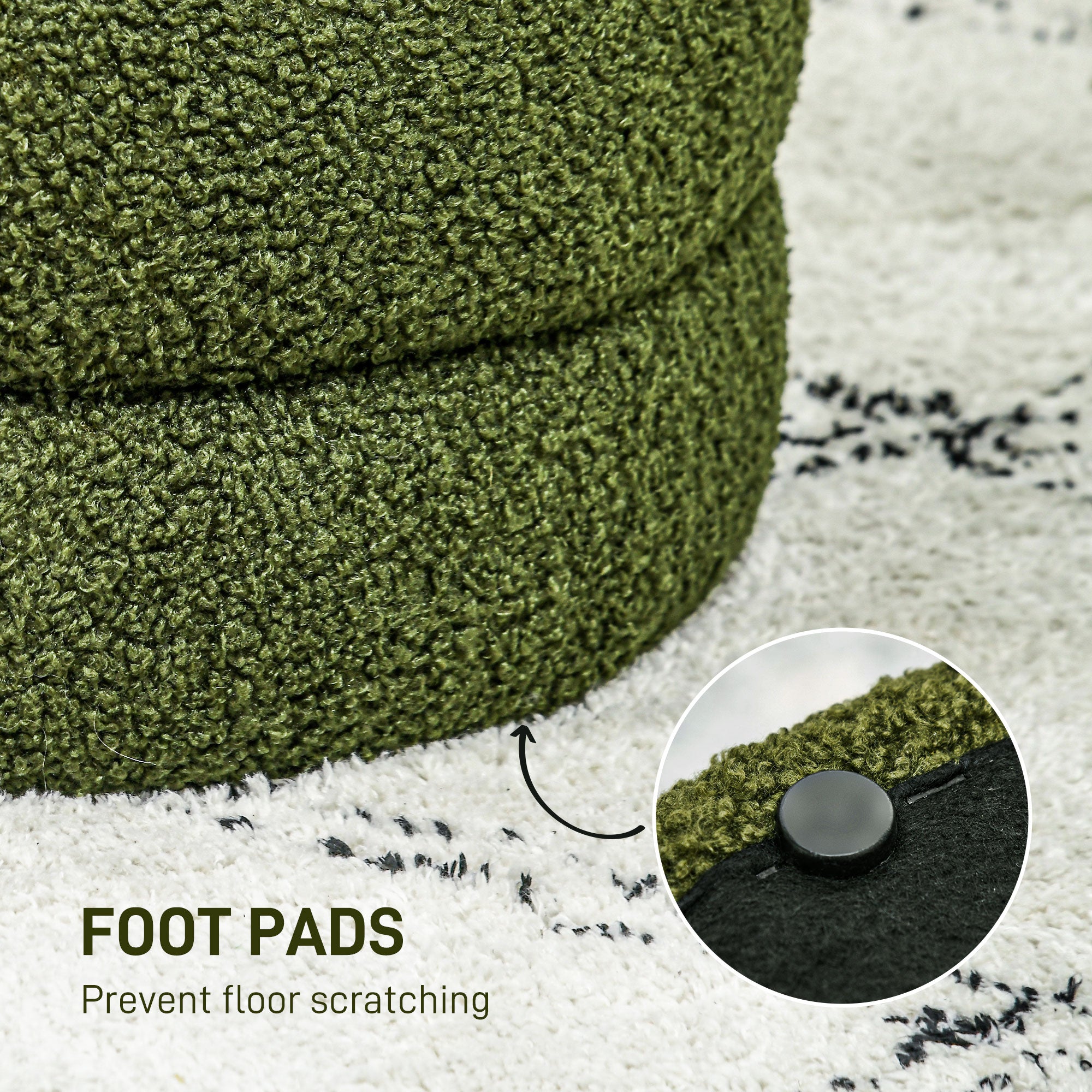 Round Ottoman, Upholstered Foot Stool with Steel Frame & Teddy Fleece Fabric, Green