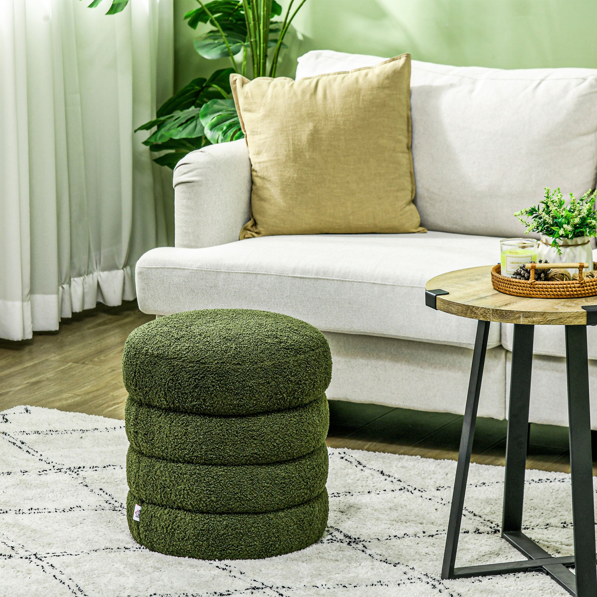 Round Ottoman, Upholstered Foot Stool with Steel Frame & Teddy Fleece Fabric, Green