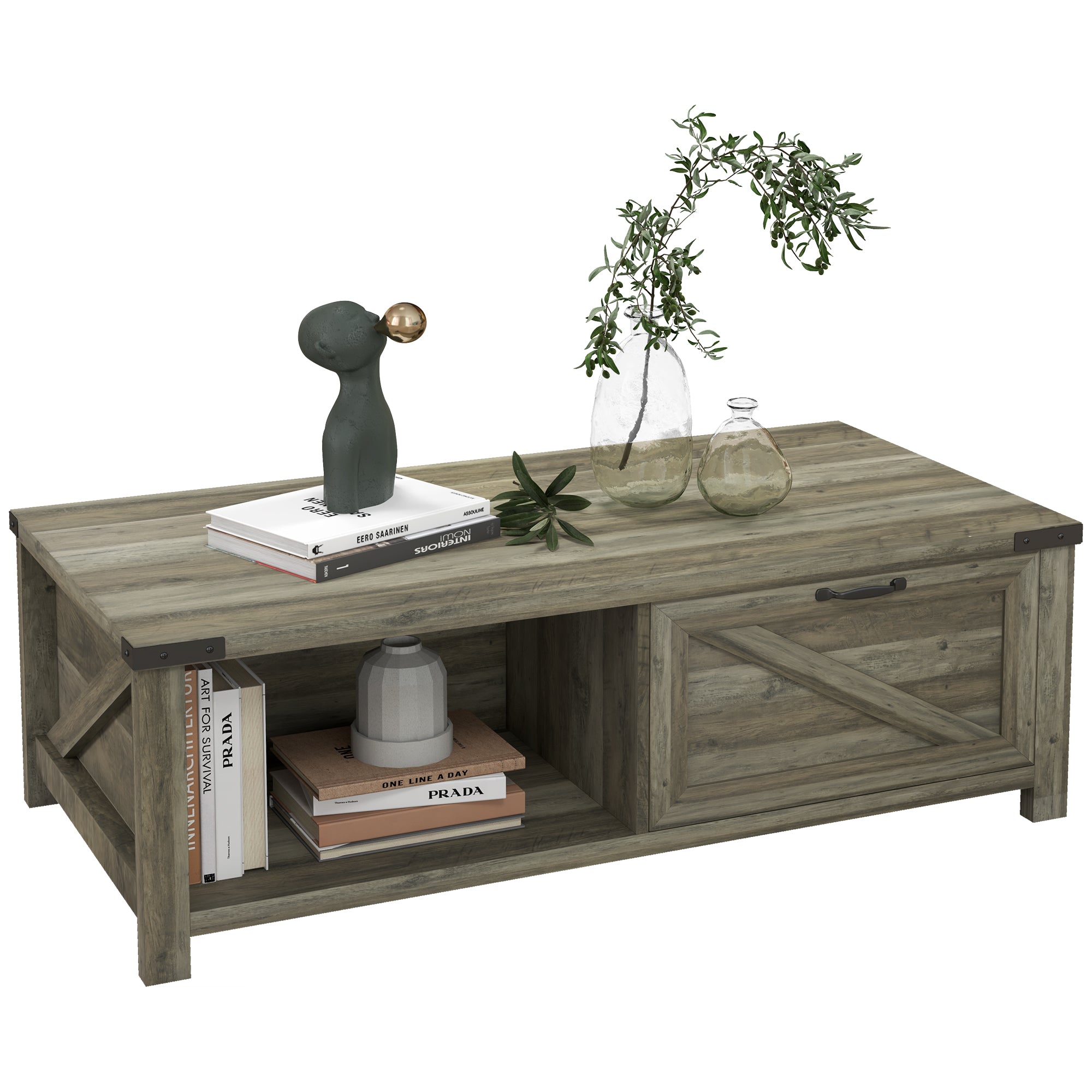 Farmhouse Coffee Table w/ Storage, Drawer & Open Shelf, Rustic Living Room Table, Gray Oak