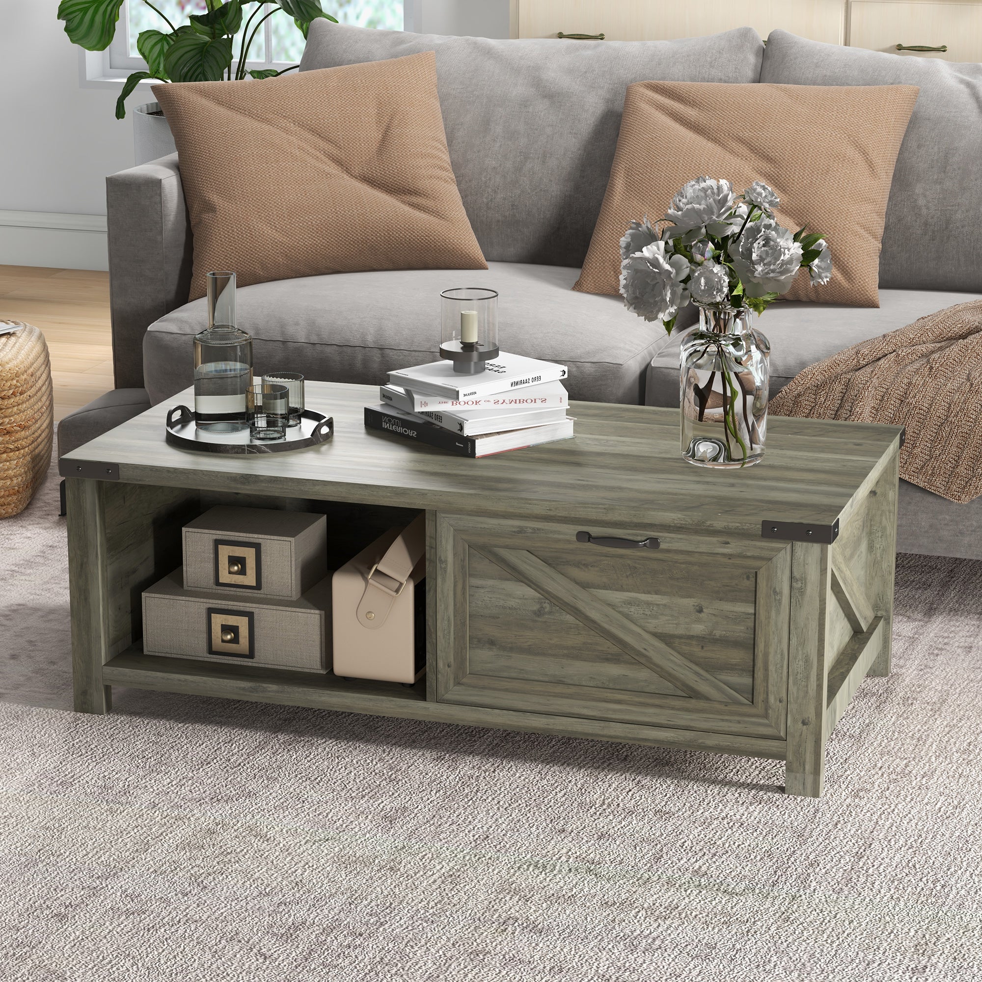 Farmhouse Coffee Table w/ Storage, Drawer & Open Shelf, Rustic Living Room Table, Gray Oak