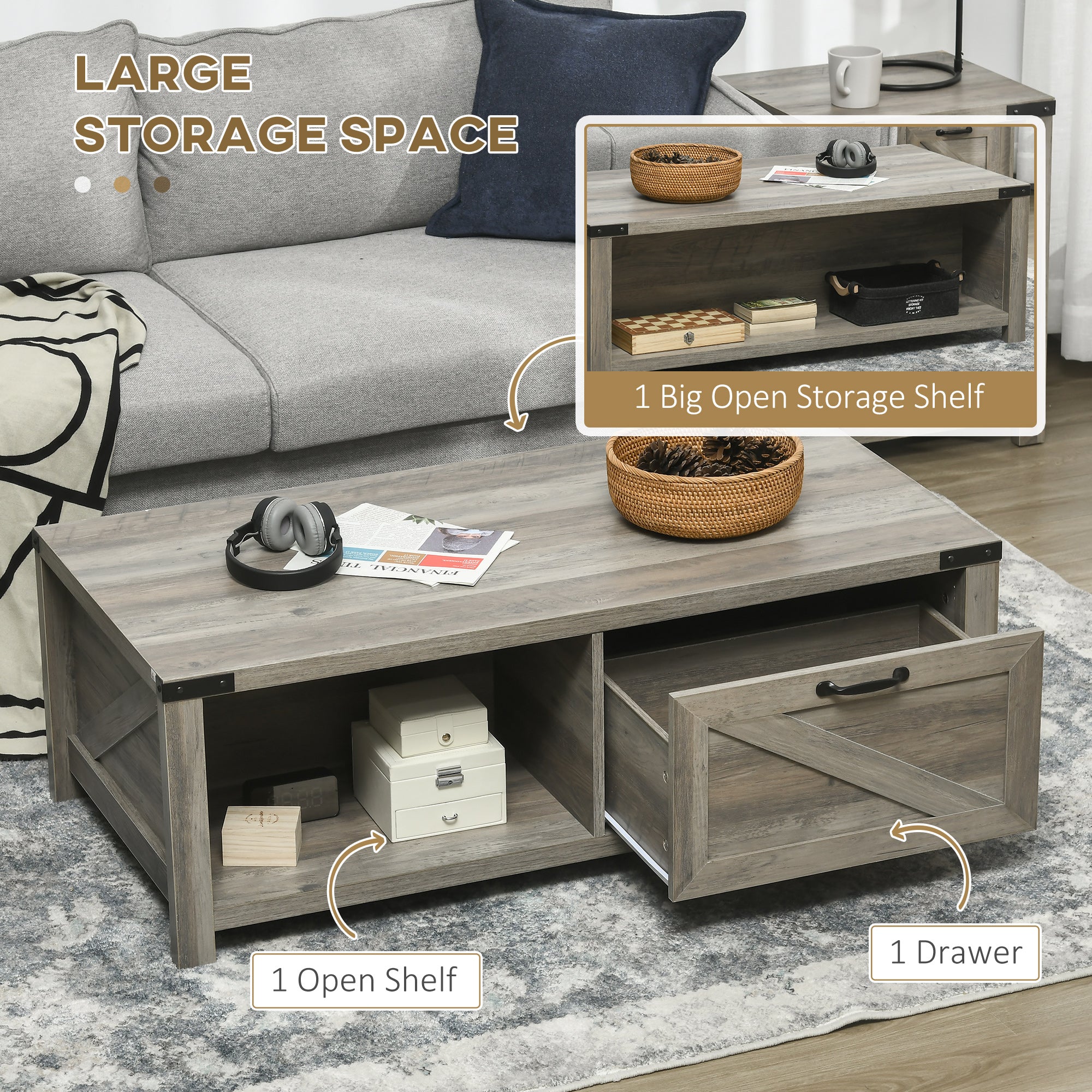 Farmhouse Coffee Table w/ Storage, Drawer & Open Shelf, Rustic Living Room Table, Gray Oak