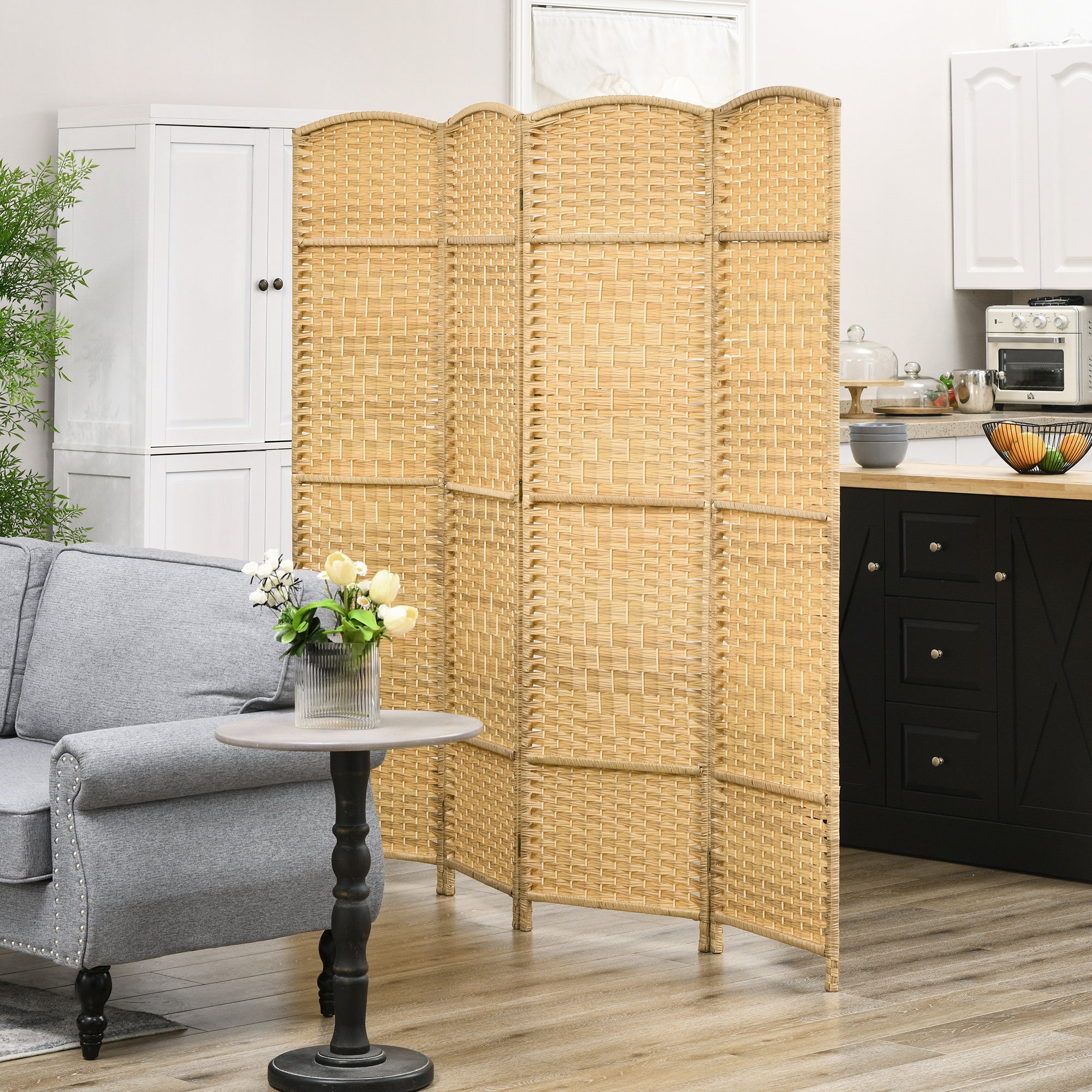 4 Panel 6' Tall Privacy Screen Freestanding Wood Partition, Nature Wood
