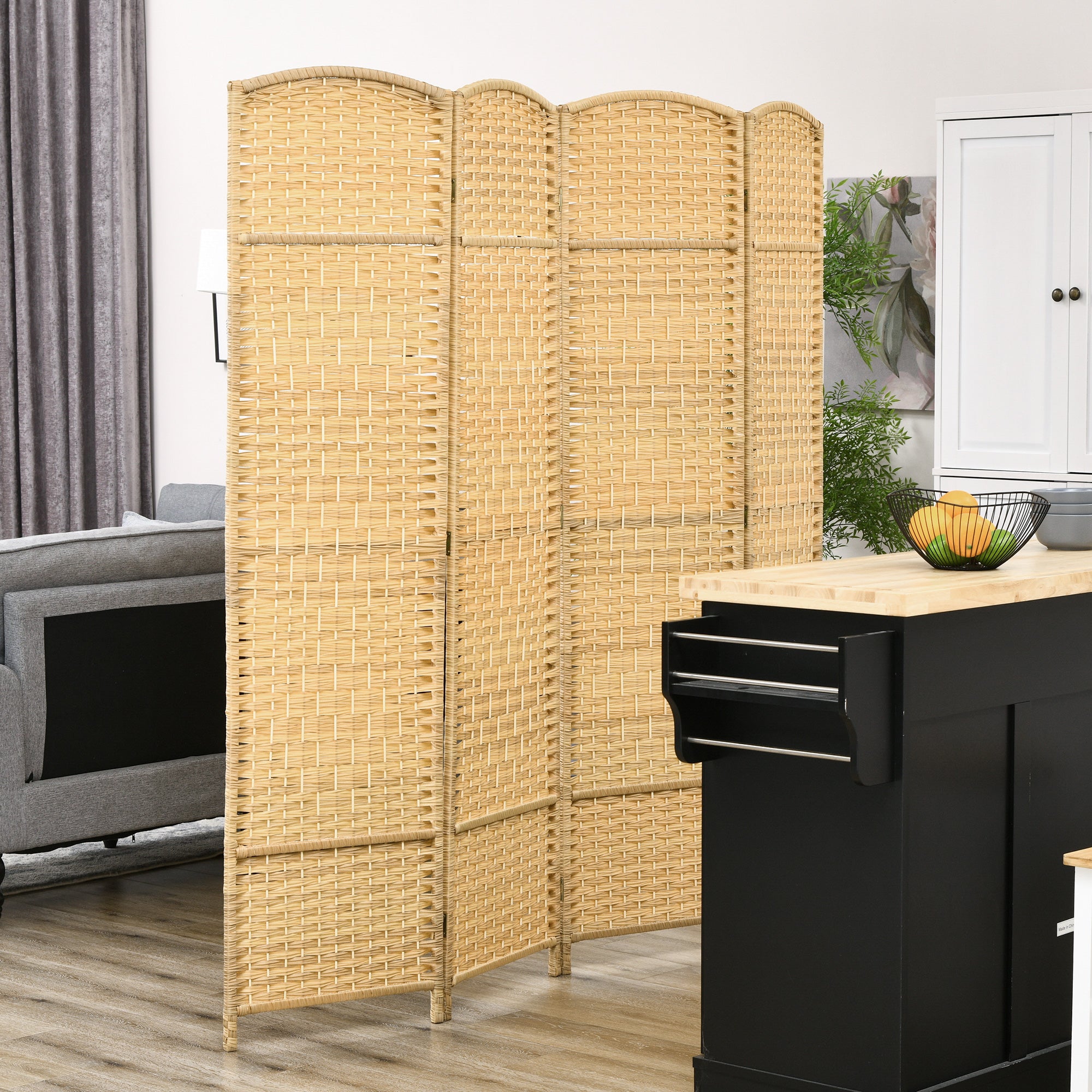 4 Panel 6' Tall Privacy Screen Freestanding Wood Partition, Nature Wood