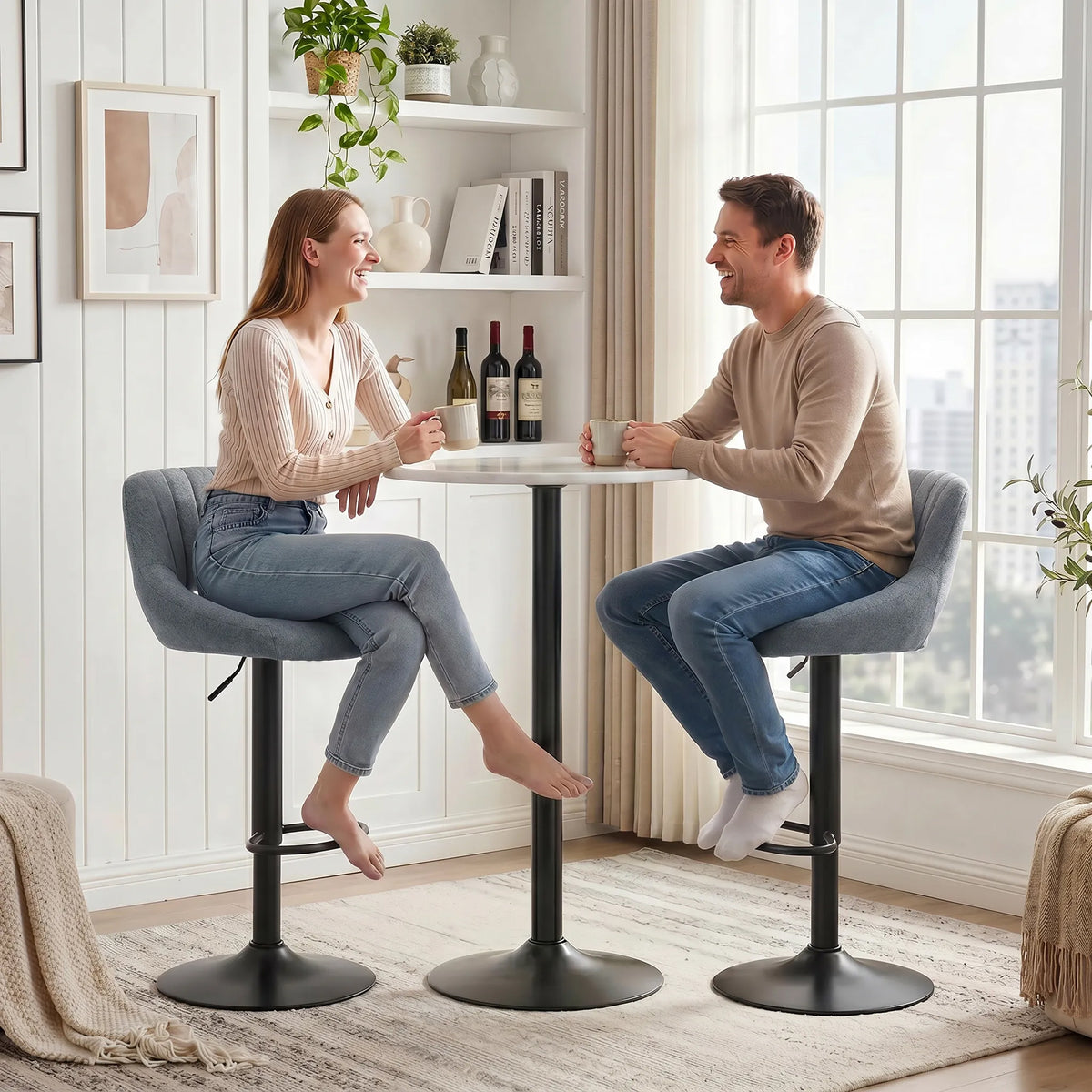 Bar Stools Set of 2, Swivel Counter Height Barstools with Adjustable Height and Cutout Back, Linen Upholstered Bar Chairs with Round Metal Base and Footrest, Dark Grey