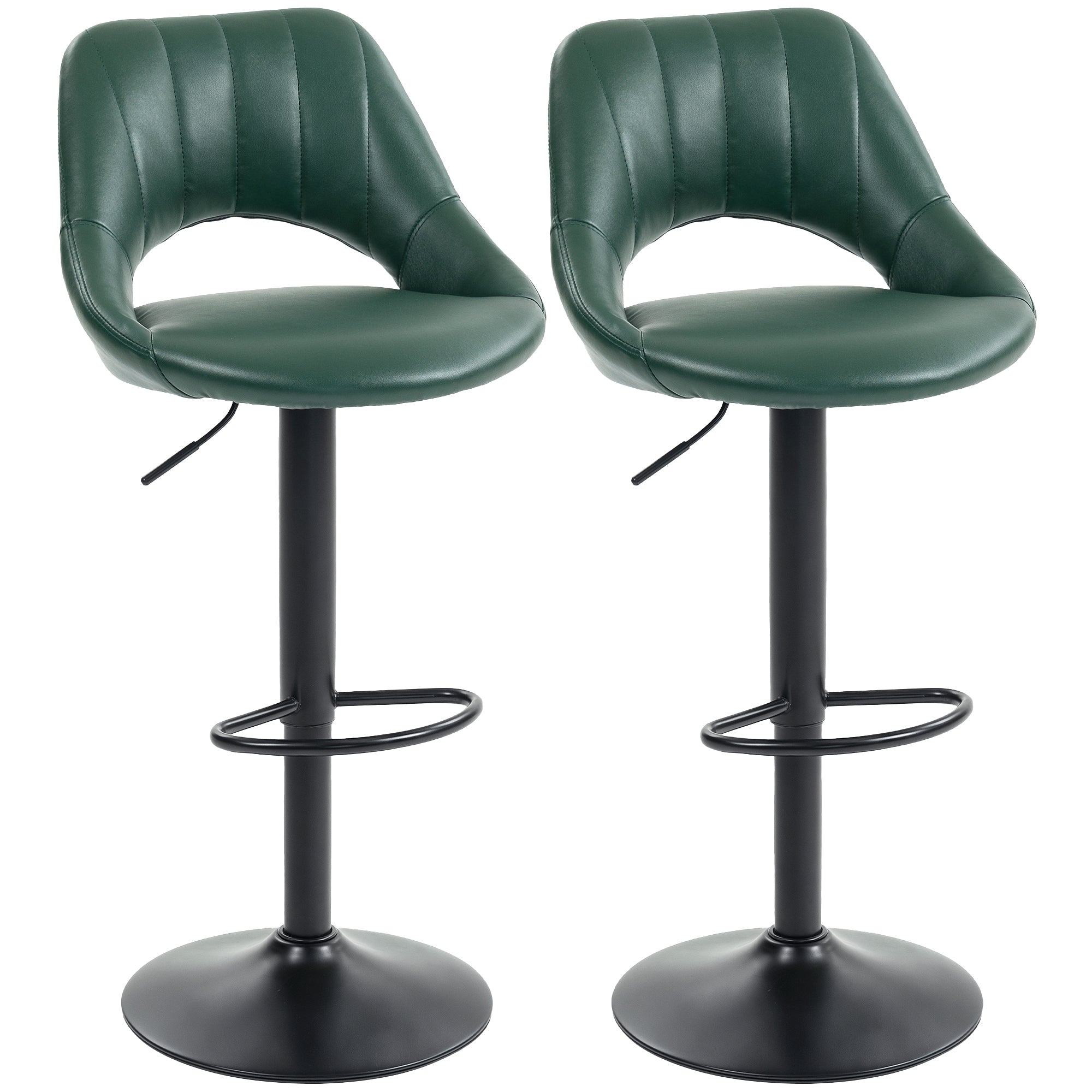 Bar Stools Set of 2, Swivel Barstools with Adjustable Height, Backrest and Footrest, Modern PU Leather Upholstered Breakfast Bar Chairs for Kitchen Island, Counter, Dining Room, Dark Green