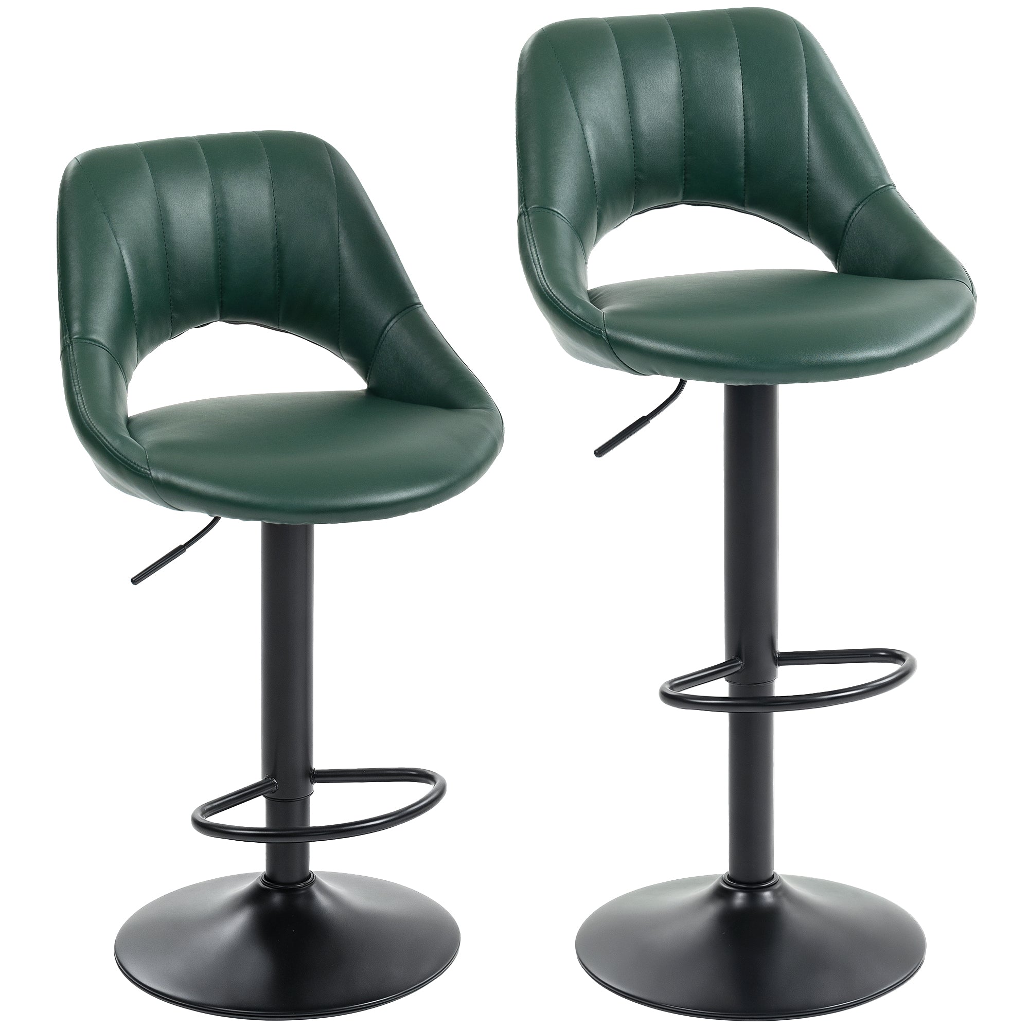 Bar Stools Set of 2, Swivel Barstools with Adjustable Height, Backrest and Footrest, Modern PU Leather Upholstered Breakfast Bar Chairs for Kitchen Island, Counter, Dining Room, Dark Green