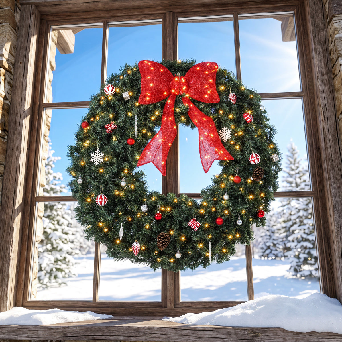 48 Inch Pre-Lit Christmas Wreath for Front Door with 200 LED Lights, Lighted Bow and 31 Ornament Set, Artificial Xmas Wreath for Covered Porch, Wall Decoration, Green