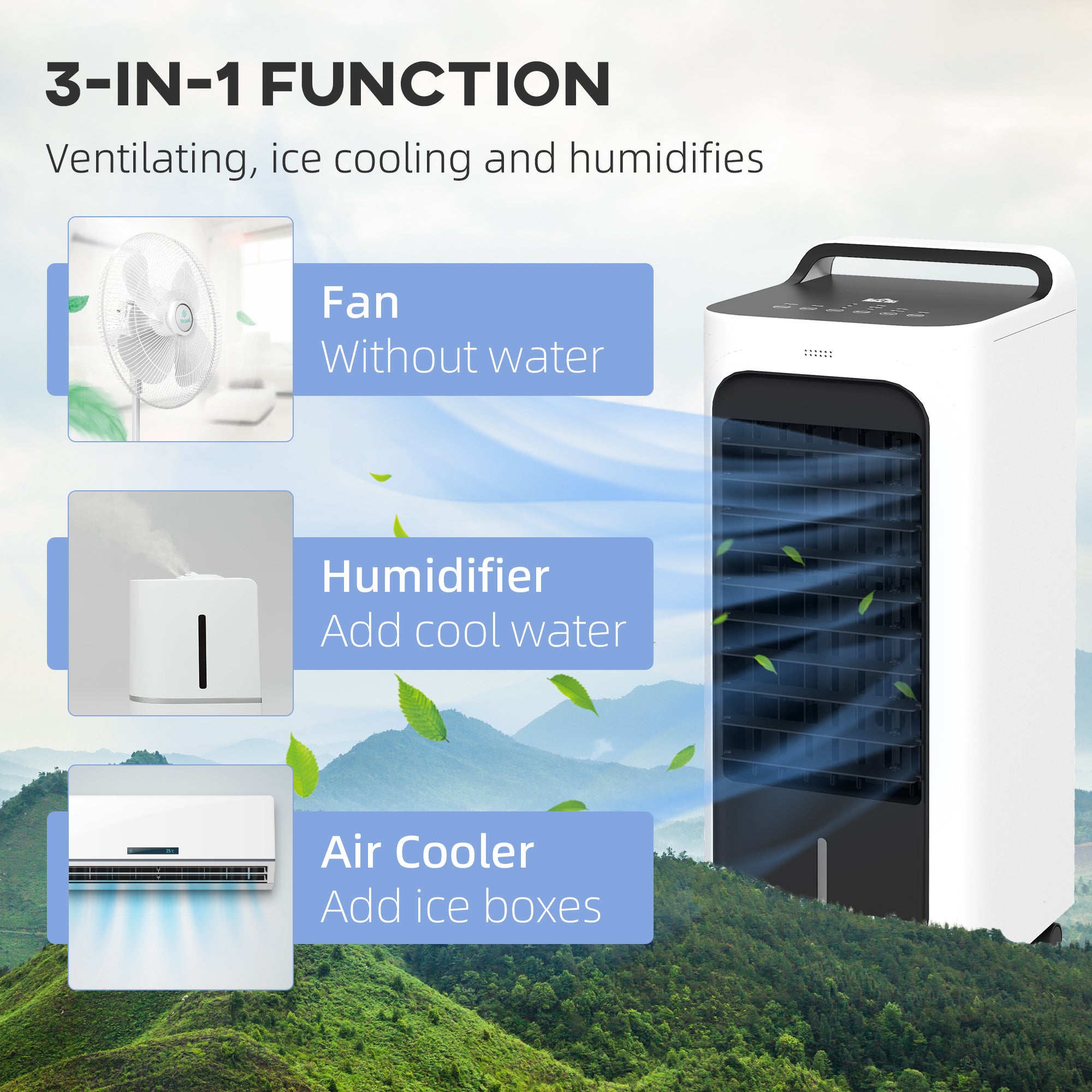 HOMCOM Portable Air Cooler, 3-in-1 Evaporative Air Cooler with 5L Water Tank, Oscillation, 3 Fan Speeds, 3 Modes, 2 Ice Packs, 7H Timer, LED Display, for Home Office