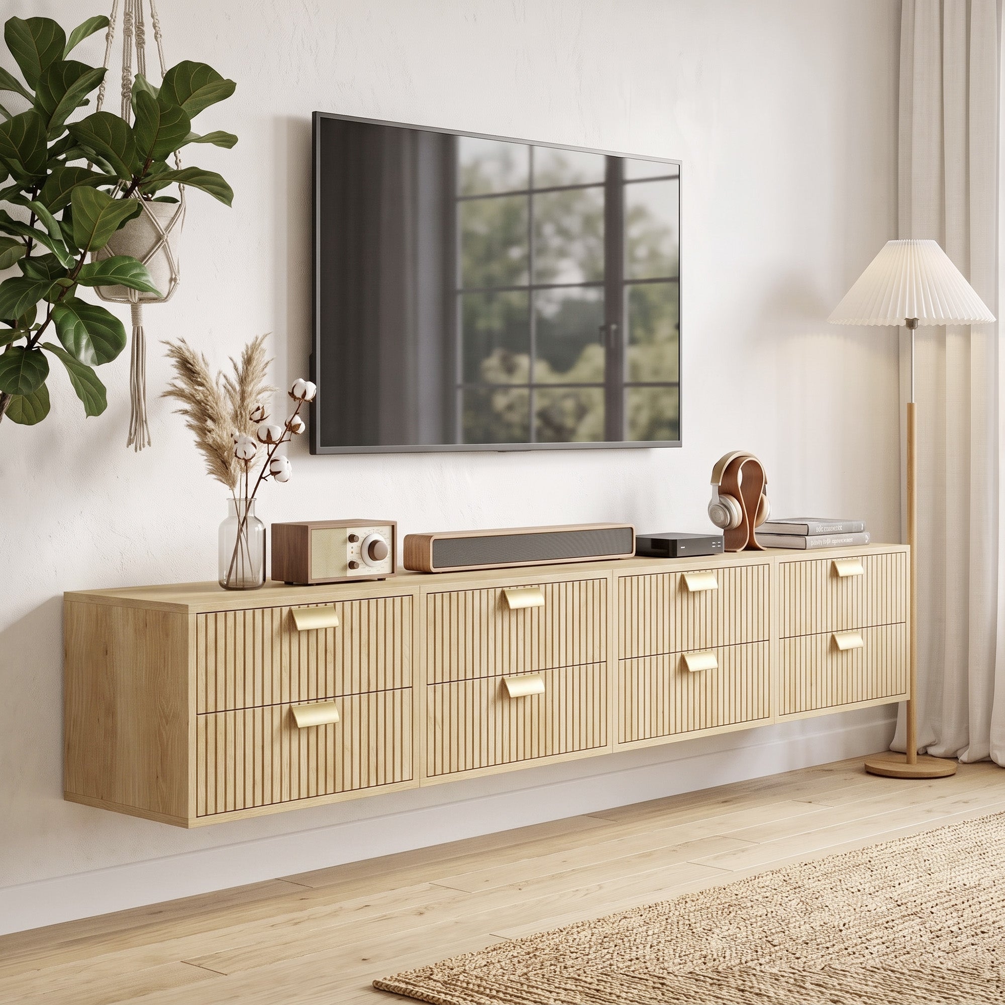 Modern Floating Nightstands Set of 2, Wall Mounted Bedside Tables with 2 Wave Drawers, Bedside Cabinets for Bedroom Living Room, Oak
