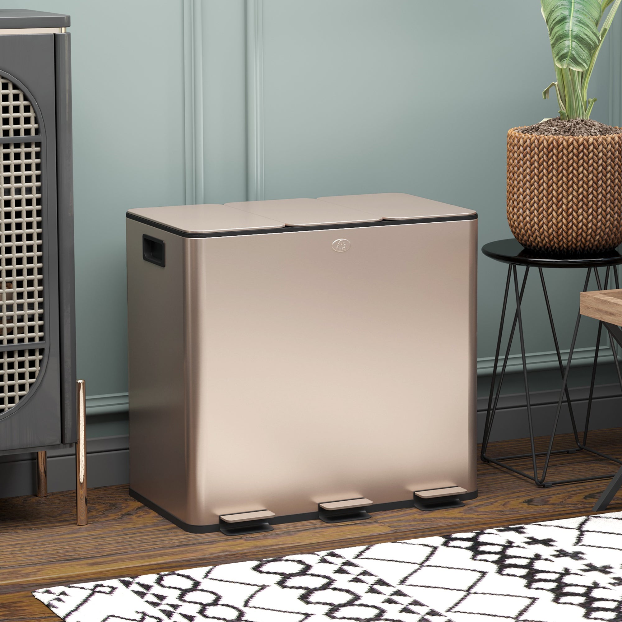 HOMCOM 45L Kitchen Bin, Stainless Steel Pedal Bin with 3 Compartments, Soft Close Lid, Removable Inner Buckets, Fingerprint-Proof for Recycling and Waste, 3 x 15L, Gold Tone