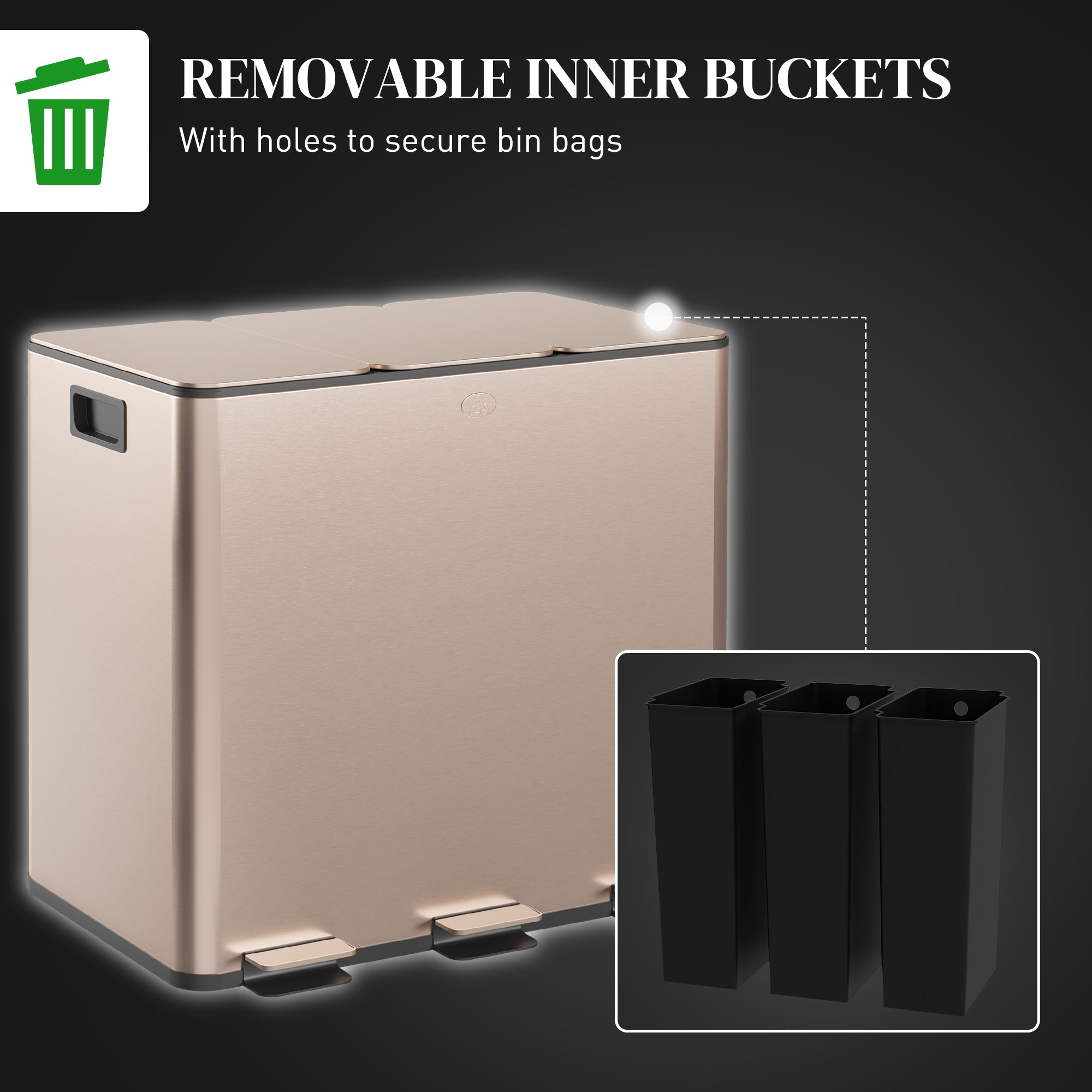 HOMCOM 45L Kitchen Bin, Stainless Steel Pedal Bin with 3 Compartments, Soft Close Lid, Removable Inner Buckets, Fingerprint-Proof for Recycling and Waste, 3 x 15L, Gold Tone