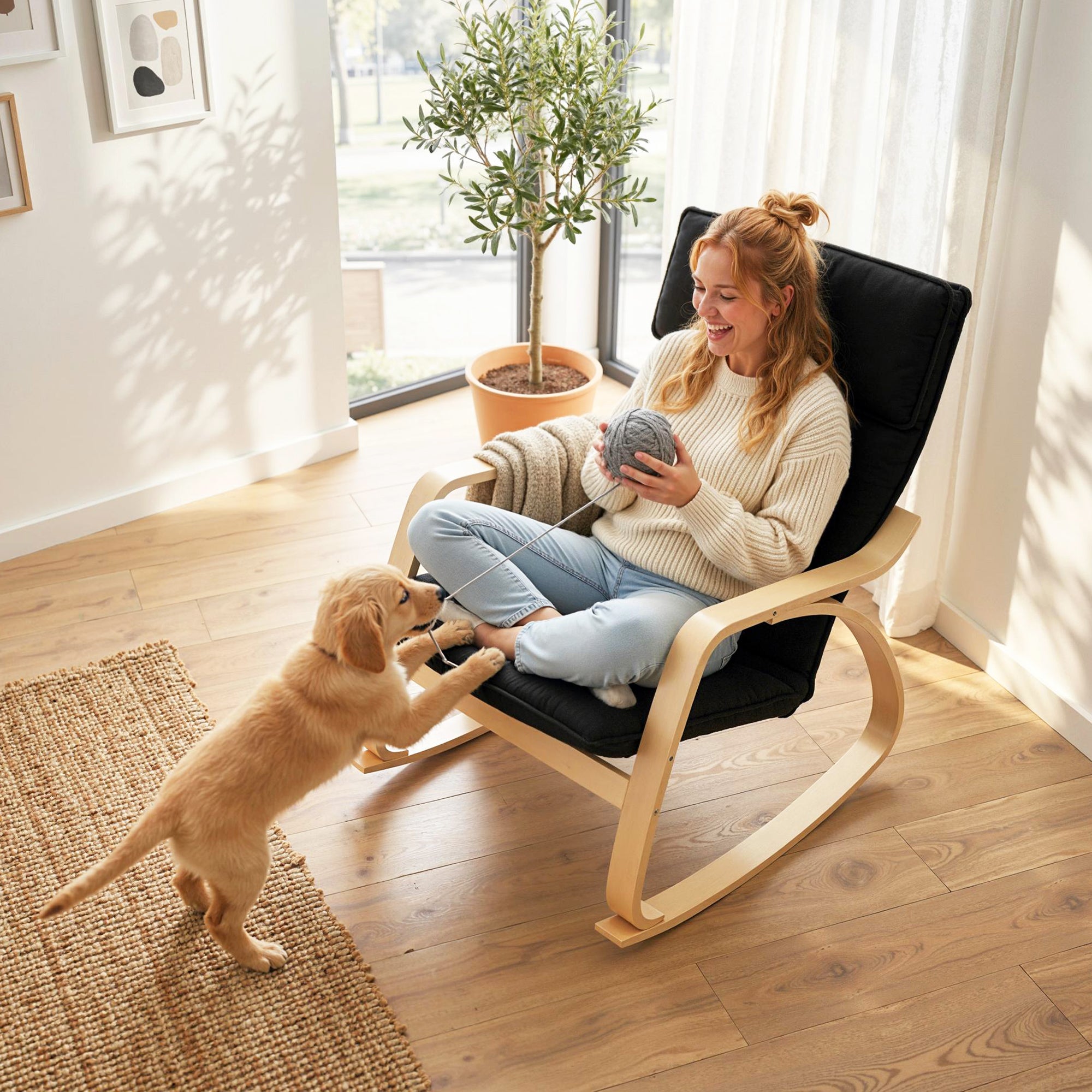 Comfortable Relax Rocking Chair, Upholstered Lounge Chair with High Back and Headrest for Living Room, Bedroom, Black