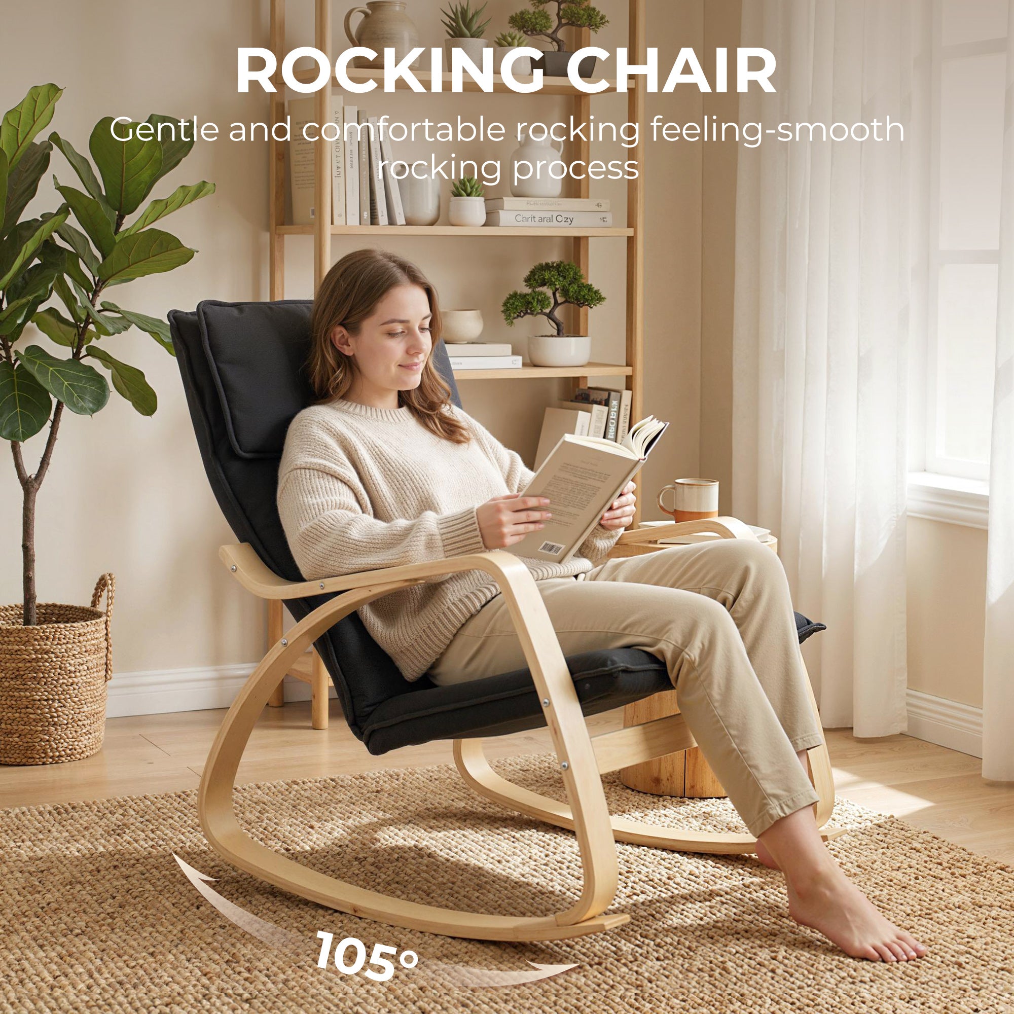 Comfortable Relax Rocking Chair, Upholstered Lounge Chair with High Back and Headrest for Living Room, Bedroom, Black