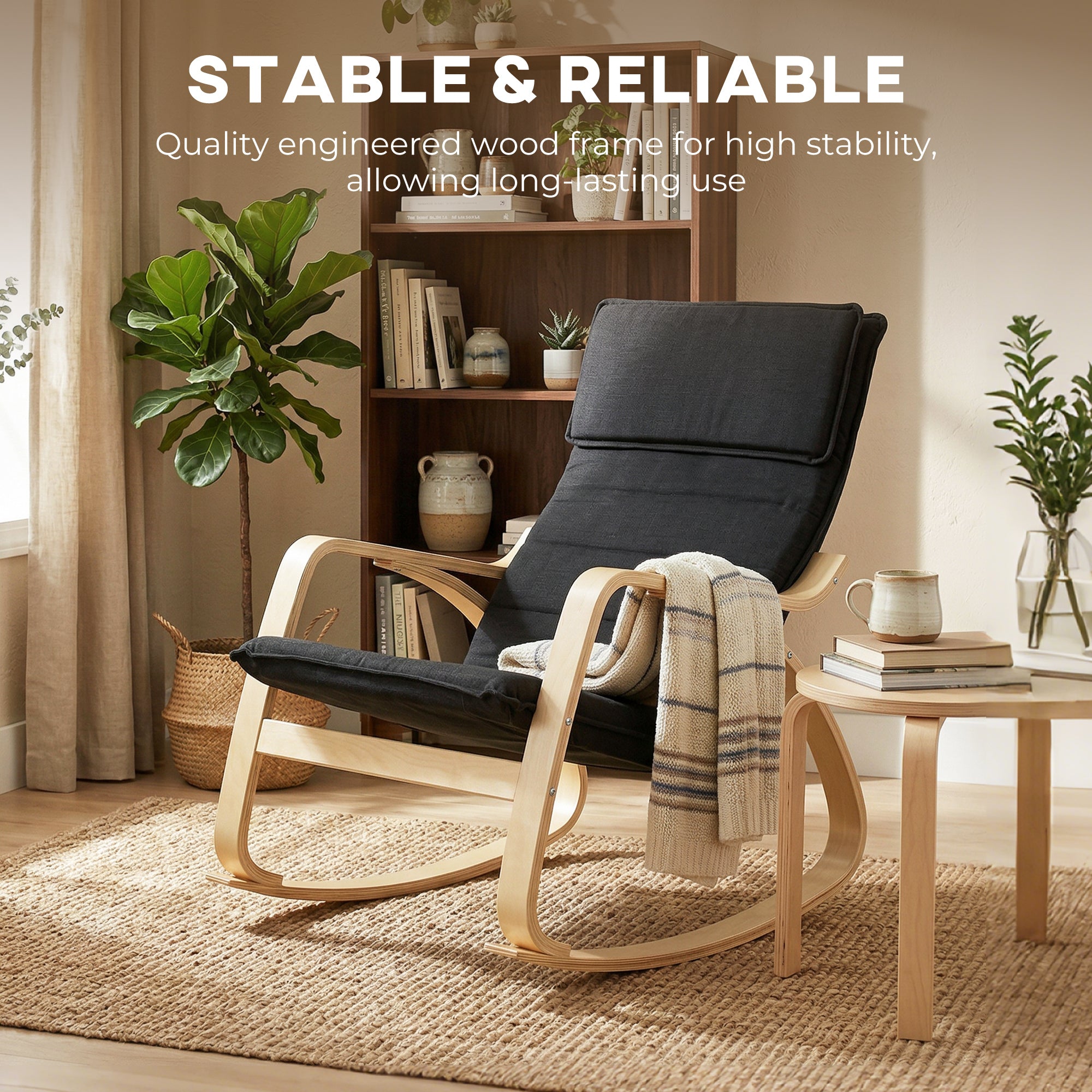 Comfortable Relax Rocking Chair, Upholstered Lounge Chair with High Back and Headrest for Living Room, Bedroom, Black