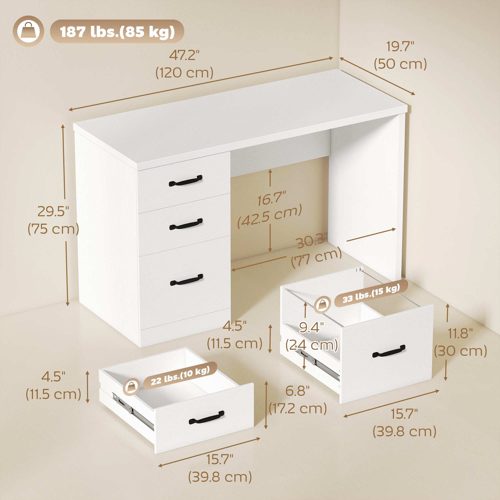 Computer Desk with 3 Drawers, 47" Home Office Desk with Adjustable Hanging Rails for Letter A4 Files, 1.2" Thick Top, Writing Table for Home Office, Study, Bedroom, White