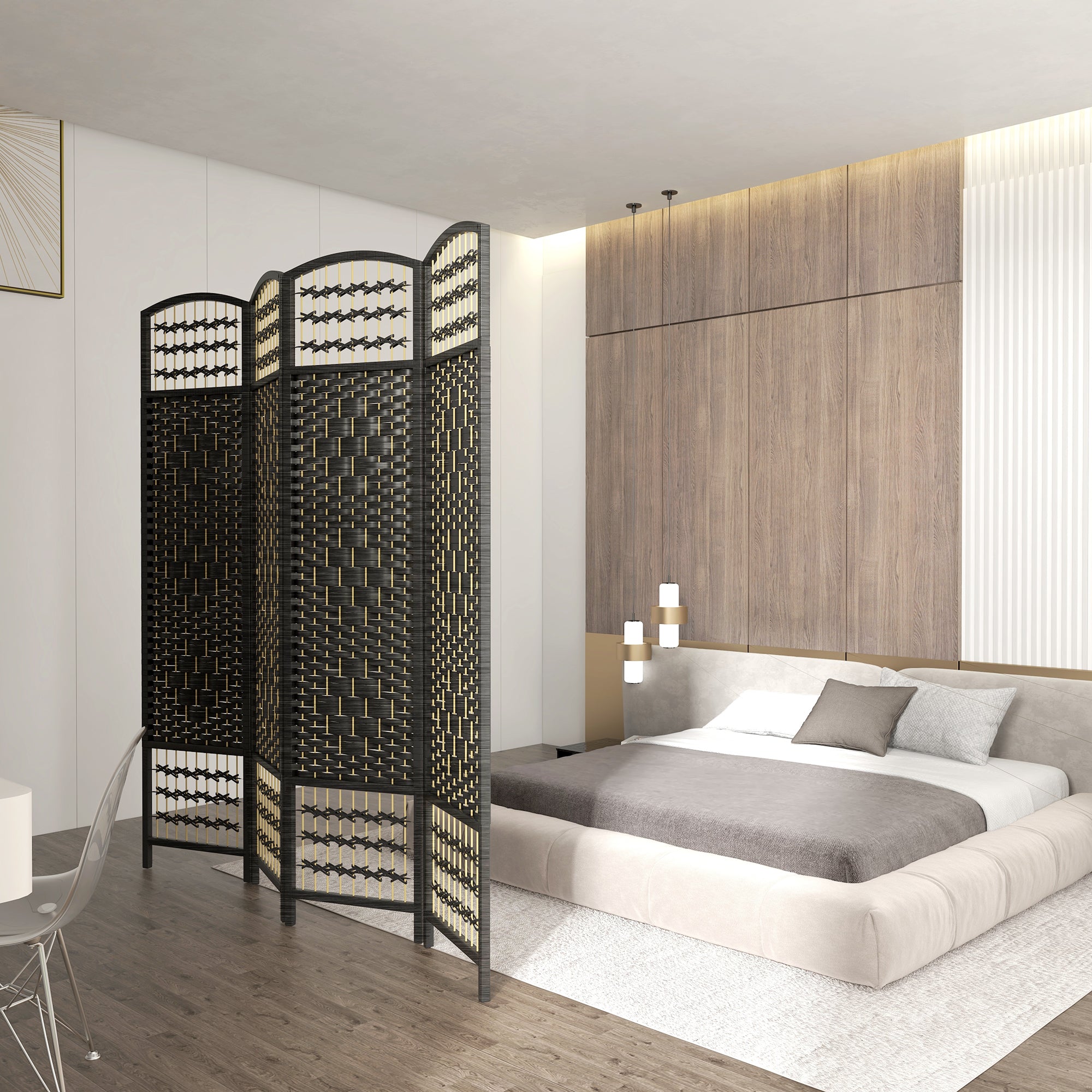 4 Panel Room Divider, Folding Screen, 5.6', Black