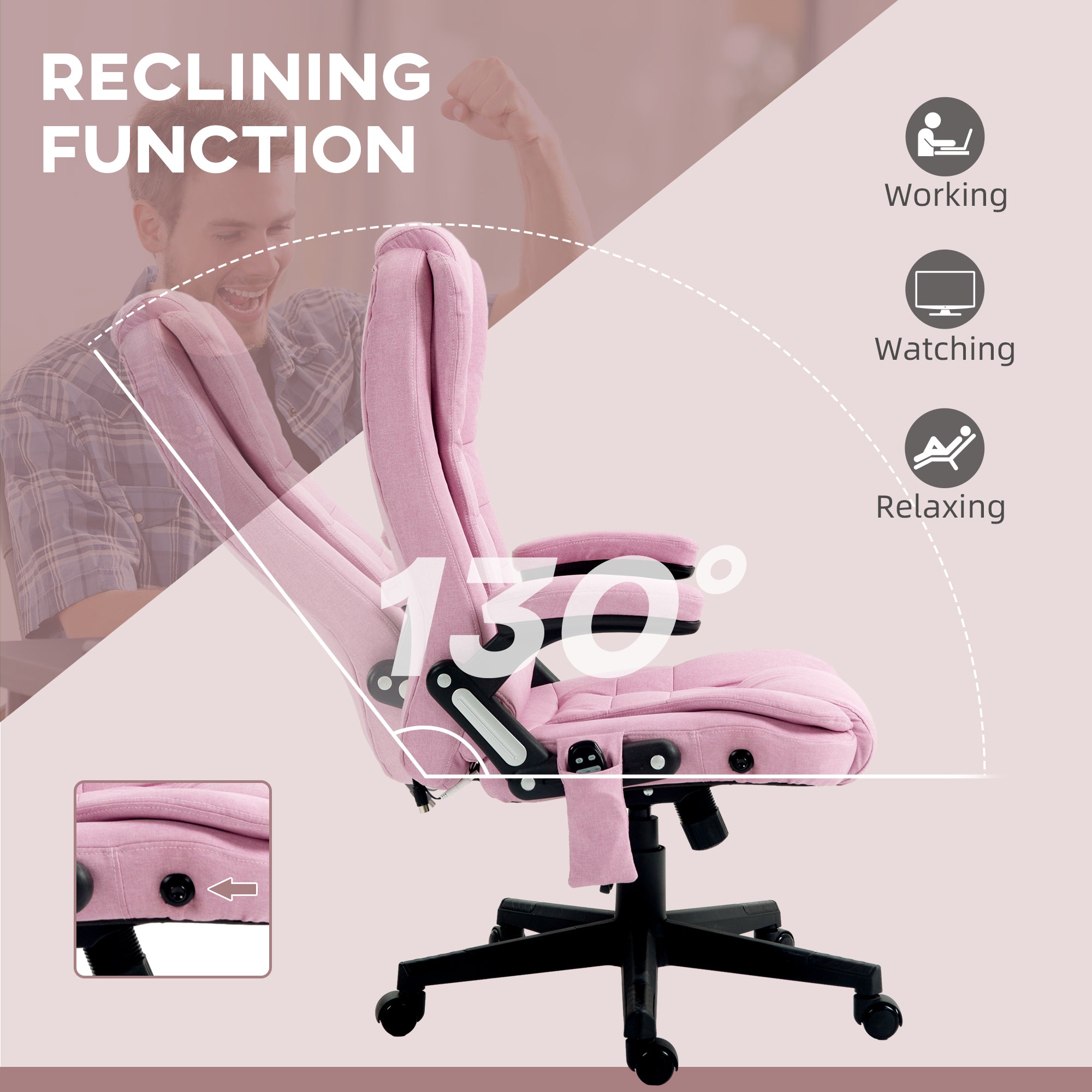 6 Points Heated Massage Office Chair, Linen High Back Executive Office Chair, Pink