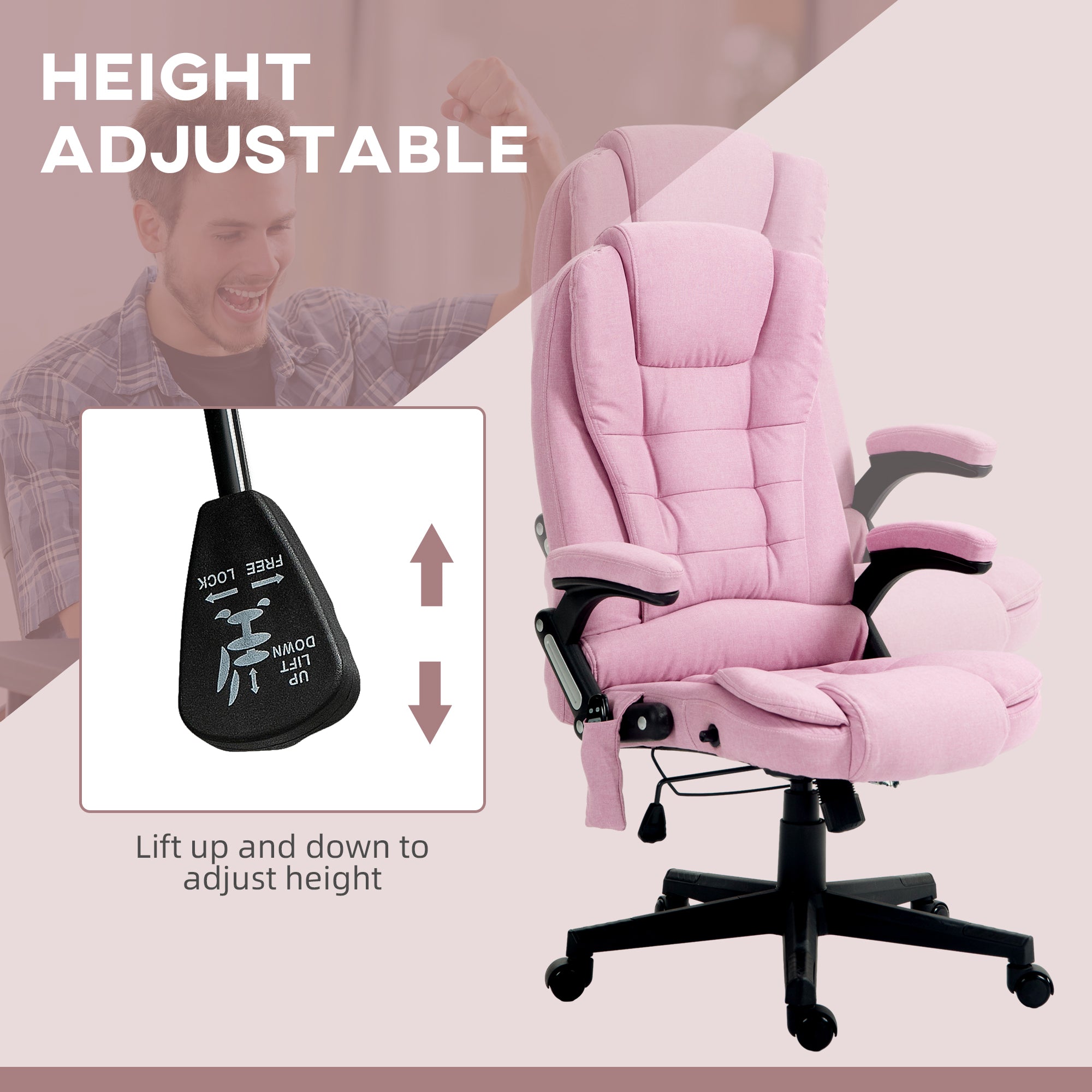 6 Points Heated Massage Office Chair, Linen High Back Executive Office Chair, Pink