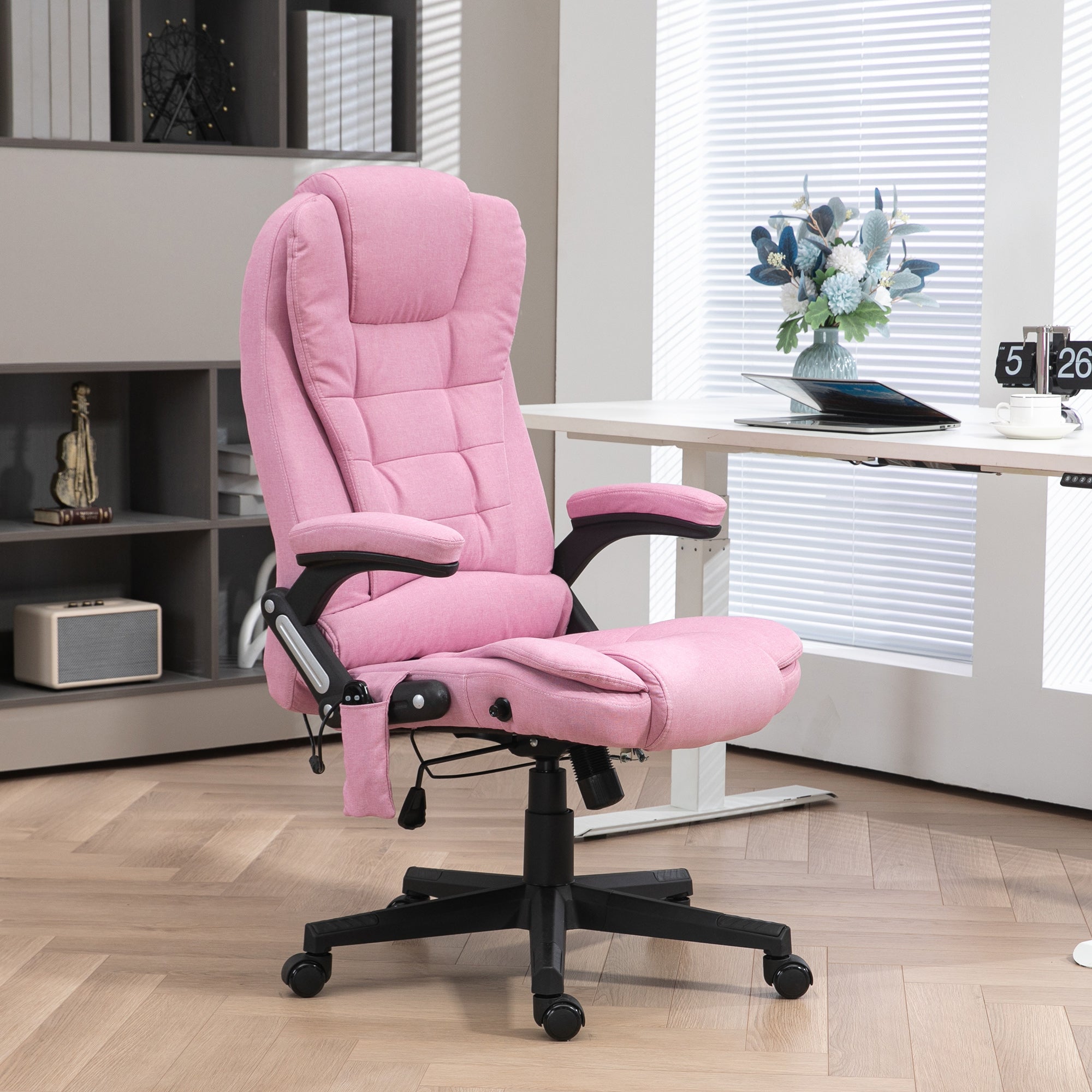 6 Points Heated Massage Office Chair, Linen High Back Executive Office Chair, Pink